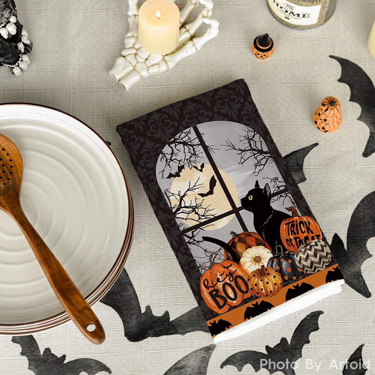 Black Halloween Kitchen Dish Towels – 2-Pack Ultra-Soft & Absorbent Tea Towels for Seasonal Kitchen Decor (18x26 Inches)