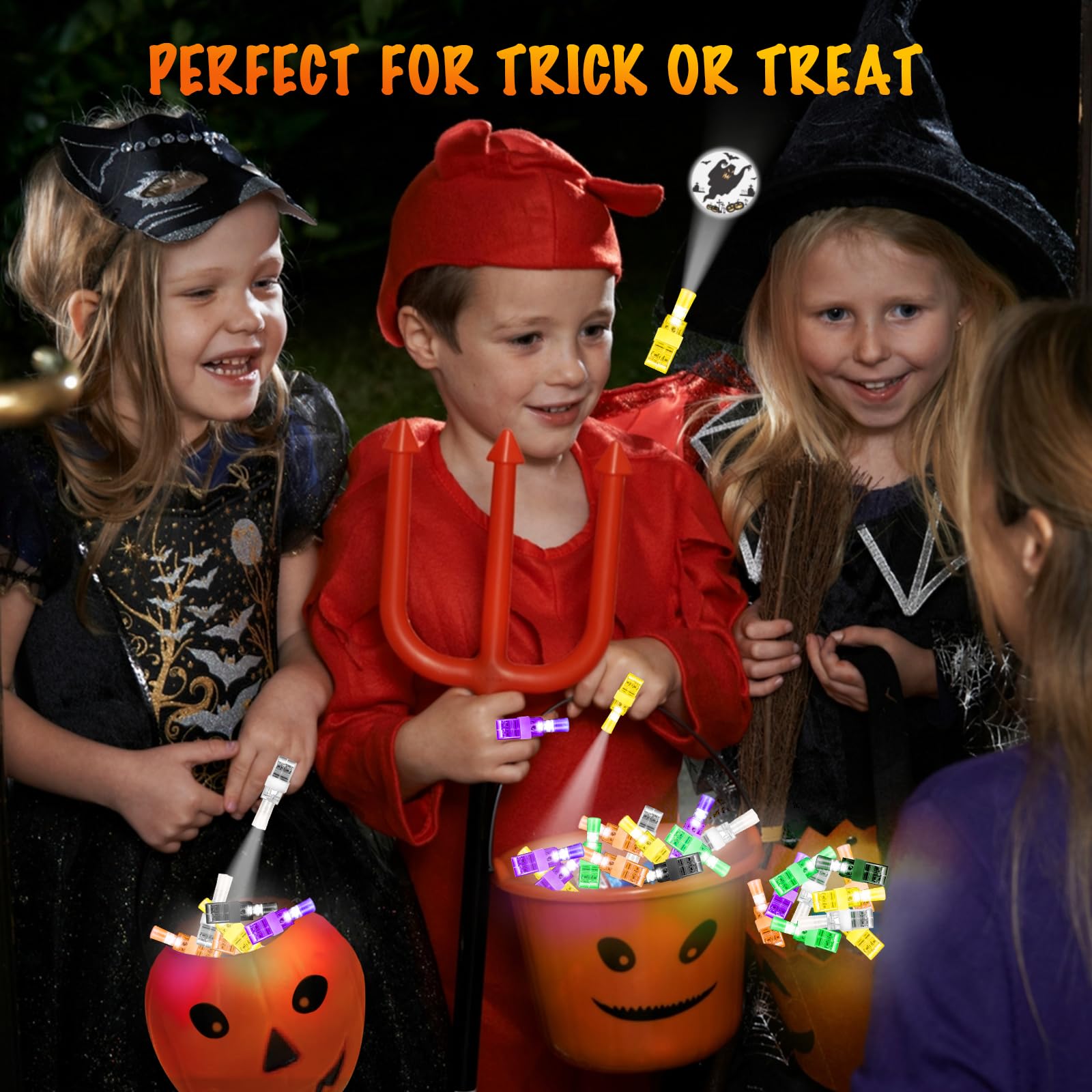Halloween LED Finger Lights – 36 Pcs Glow-in-the-Dark Finger Projectors for Kids (6 Colors & Designs)