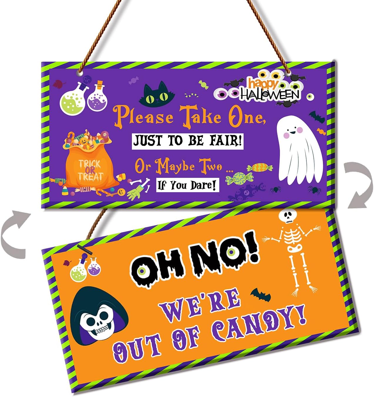 Reversible Trick or Treat Halloween Sign – Double-Sided Candy Bowl Door Hanger (10x5 Inch PVC)
