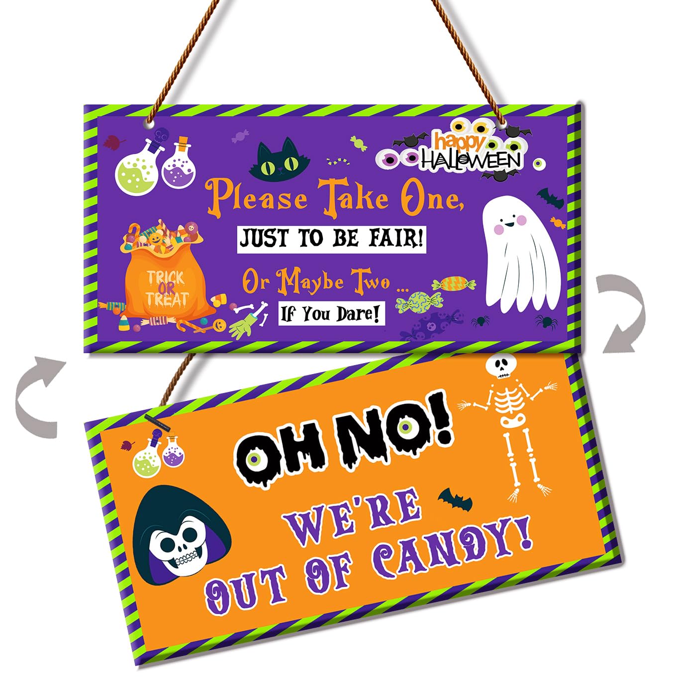 Reversible Trick or Treat Halloween Sign – Double-Sided Candy Bowl Door Hanger (10x5 Inch PVC)