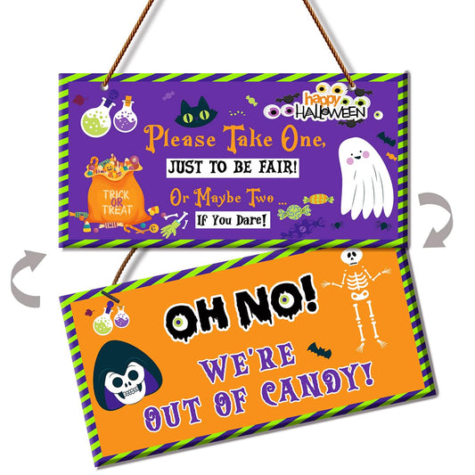 Reversible Trick or Treat Halloween Sign – Double-Sided Candy Bowl Door Hanger (10x5 Inch PVC)