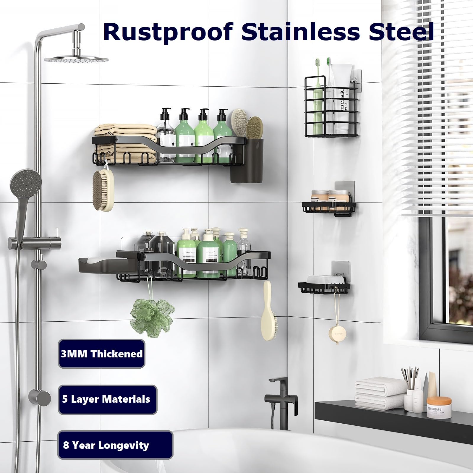 NESOMI Adhesive Shower Caddy Organizer 7-Pack – Rustproof Stainless Steel Bathroom Shelves with Hooks, No-Drill Storage Set