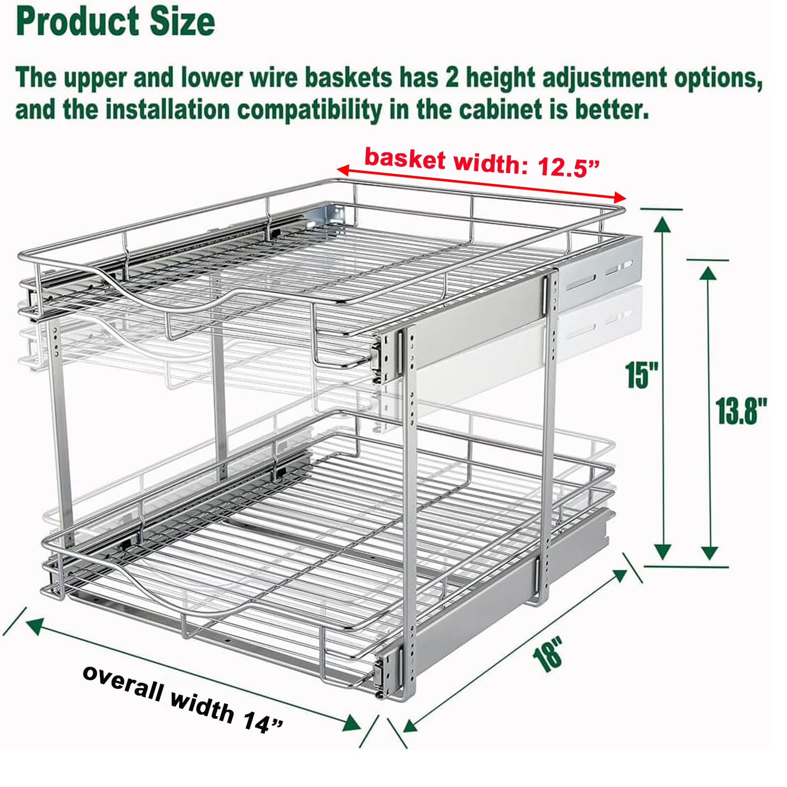 DINDON Compact 2-Tier Chrome Pull-Out Cabinet Organizer – Dual Slide-Out Wire Baskets for Kitchen, Pantry & Bathroom Cabinets