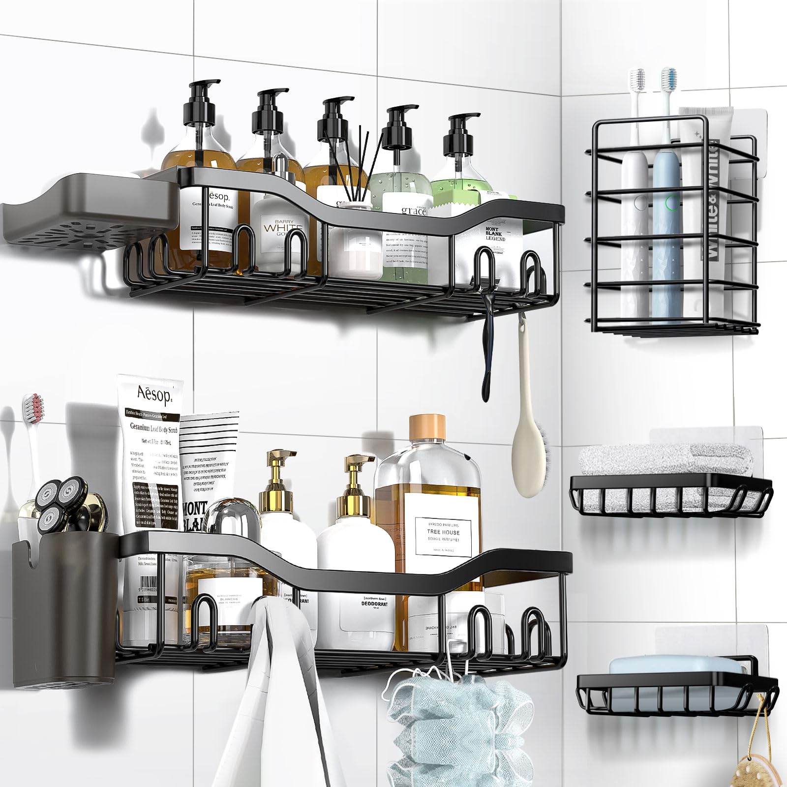 NESOMI Adhesive Shower Caddy Organizer 7-Pack – Rustproof Stainless Steel Bathroom Shelves with Hooks, No-Drill Storage Set
