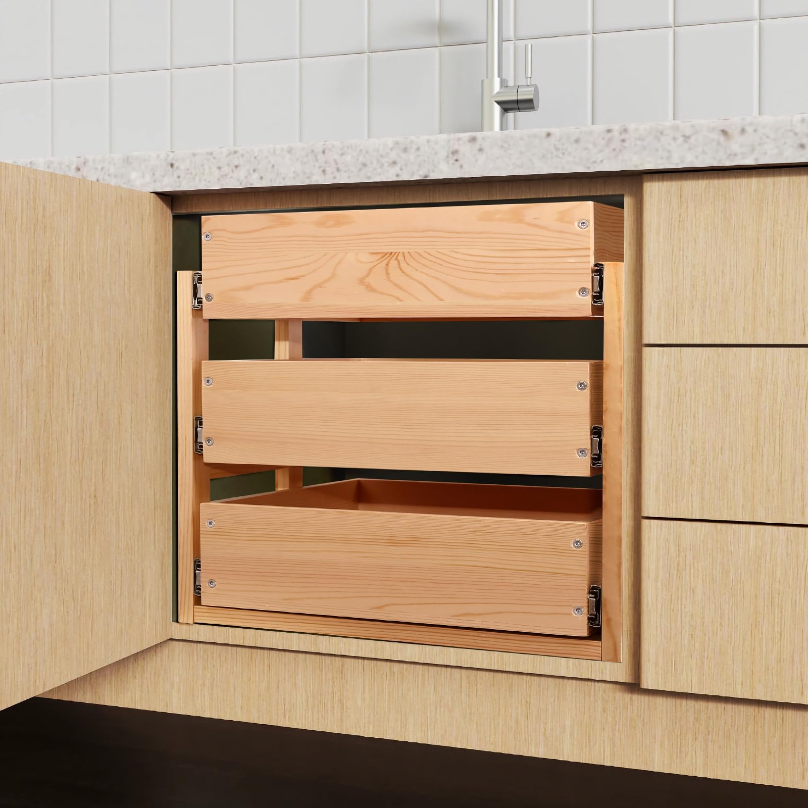 Mulush Compact 3-Tier Pull-Out Cabinet Drawer System – Soft-Close Solid Wood Storage for Narrow Cabinets