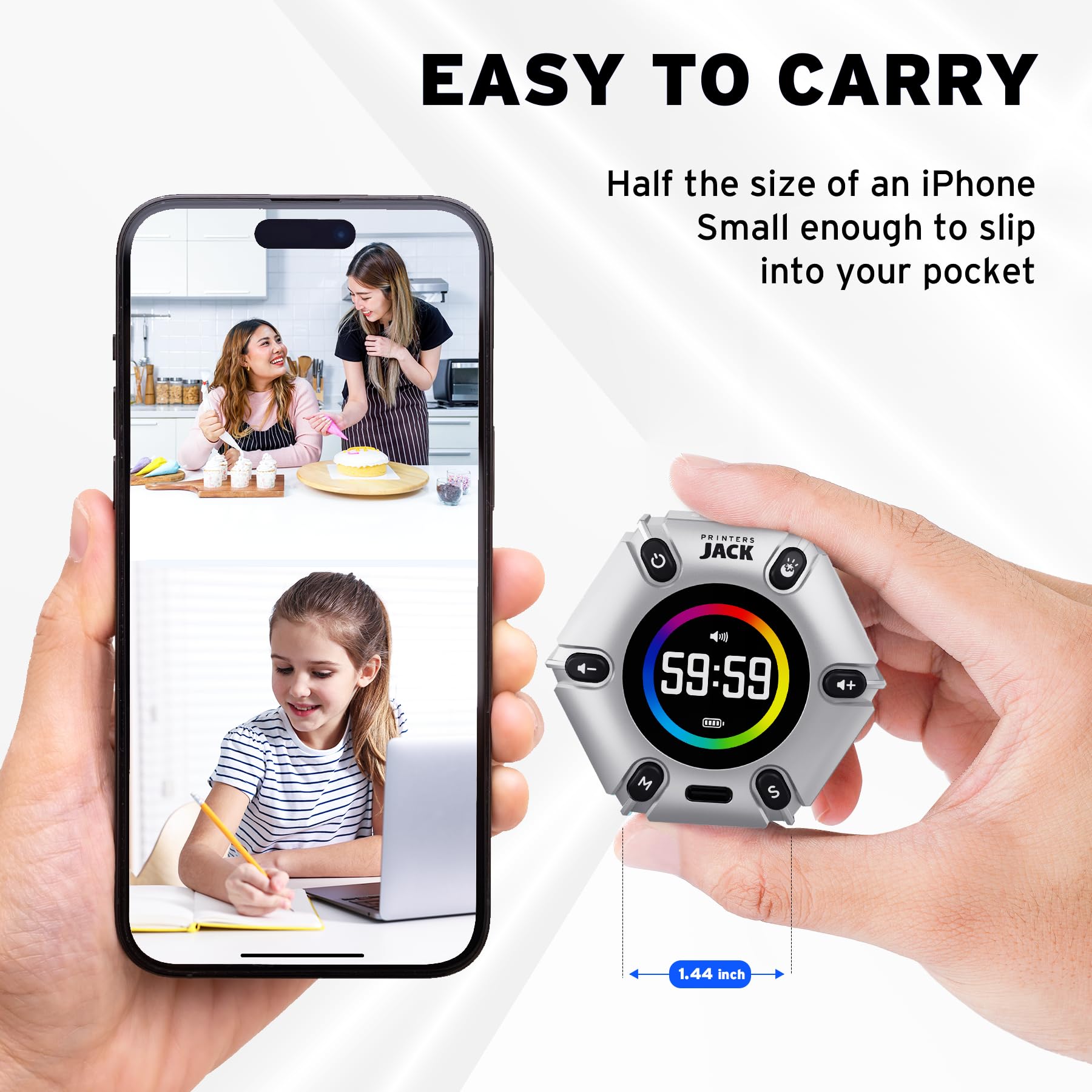 JACK Pomodoro Timer Productivity Cube with Visual Display, 3-5-10-25-30-60 Min Presets, Mute/Vibration/Sound Alerts, Rechargeable Focus Timer for Office, Study & ADHD – Silver
