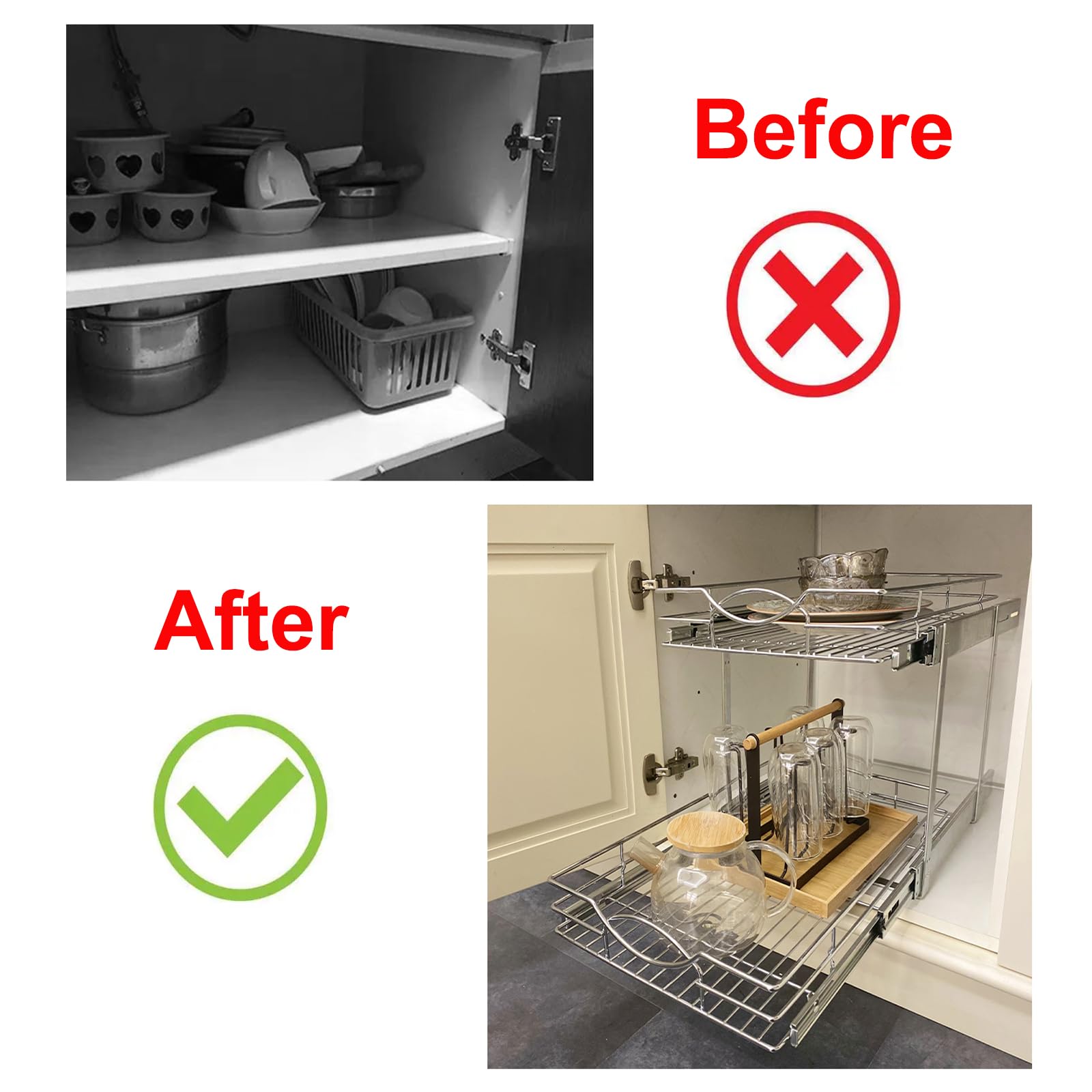 Chrome 2-Tier Pull-Out Cabinet Organizer – Individual Slide-Out Drawers for Wide Base Cabinets