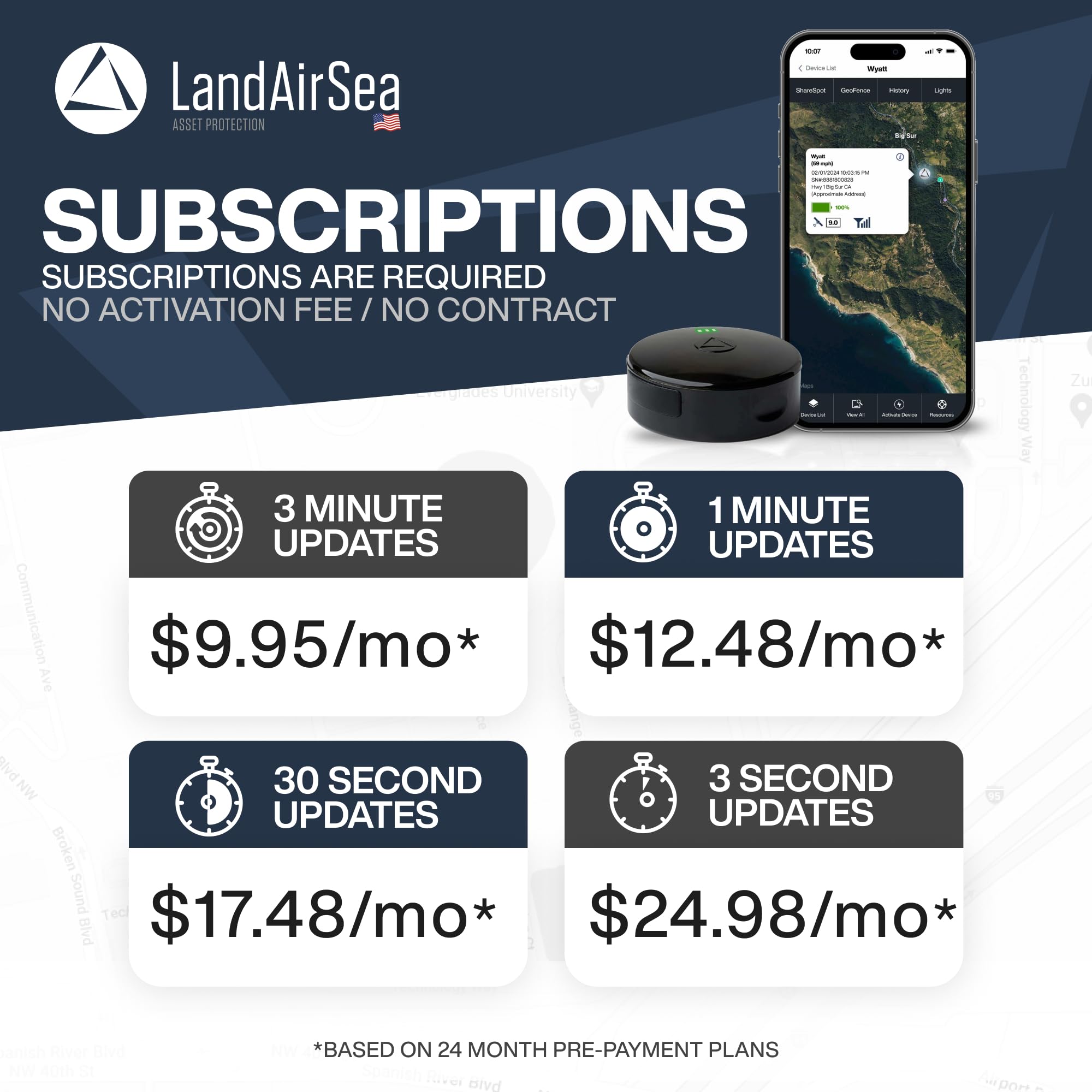 LandAirSea 54 GPS Tracker with Magnet, Real-Time Vehicle Tracking, Global Coverage, Geofencing Alerts, SilverCloud App Compatible, Waterproof
