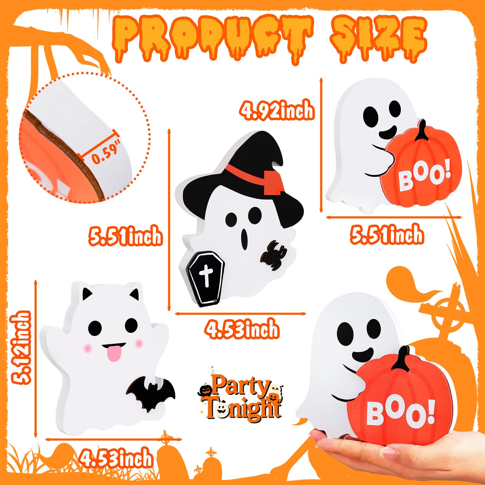 Cute Wooden Ghost Decor Set – 3-Piece Halloween Tabletop Decorations in Orange, Black & White
