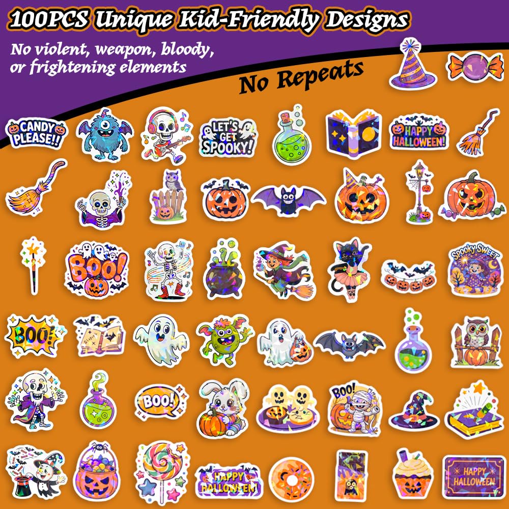 100PCS Halloween Stickers for Kids – Waterproof Vinyl Stickers with Cute Ghosts, Pumpkins & Monsters
