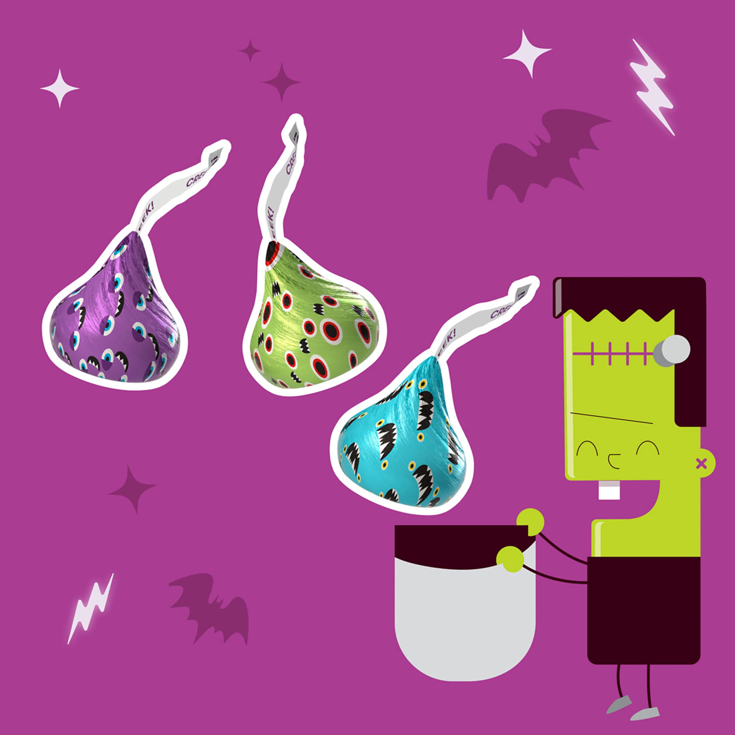 HERSHEY’S KISSES Monster Milk Chocolate Candy – 10 oz Bag, Halloween Edition (Green, Purple & Blue Foils)