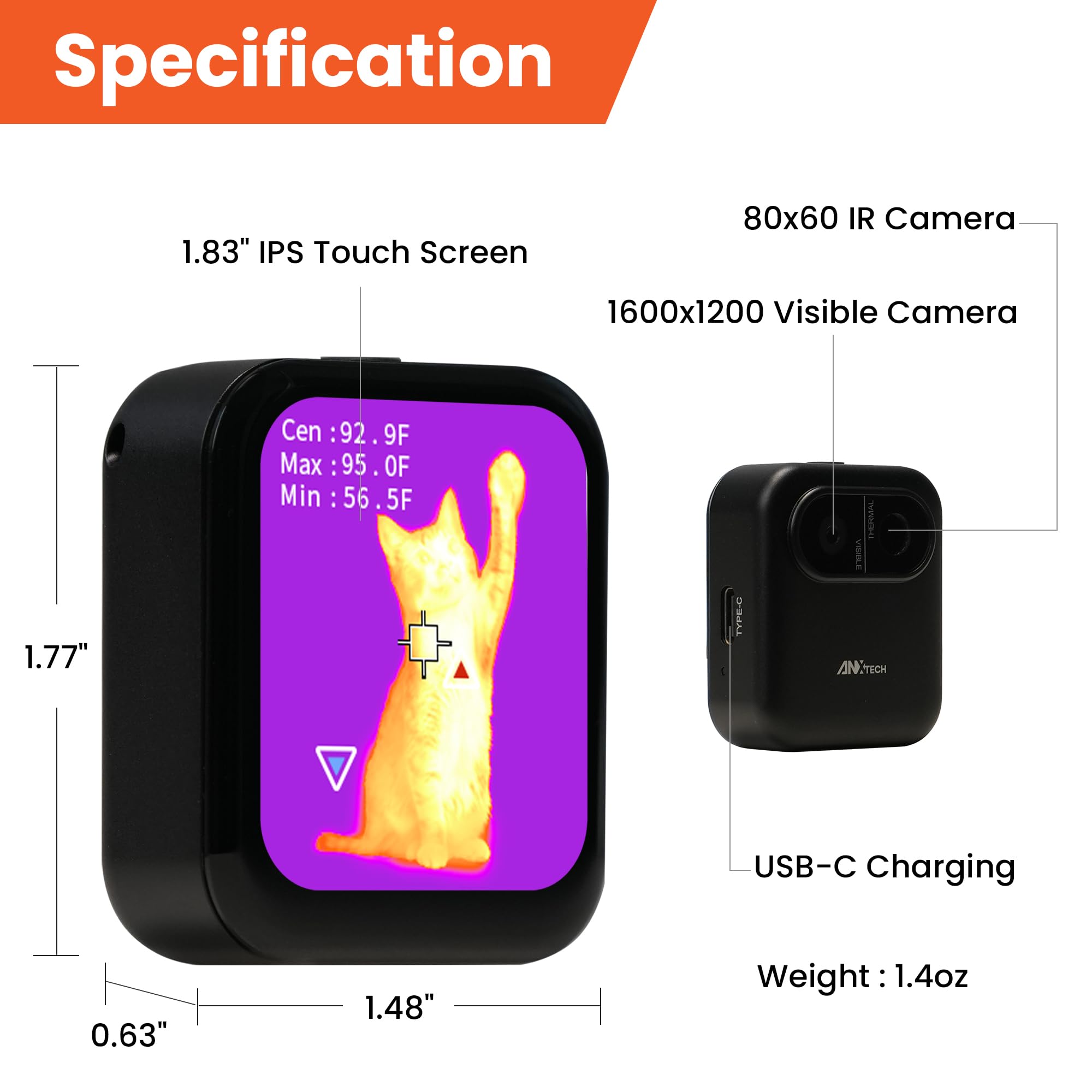 Mini Pocket Thermal Camera with Touchscreen – 80x60 IR Sensor, Real-Time Heat Detection (Black)