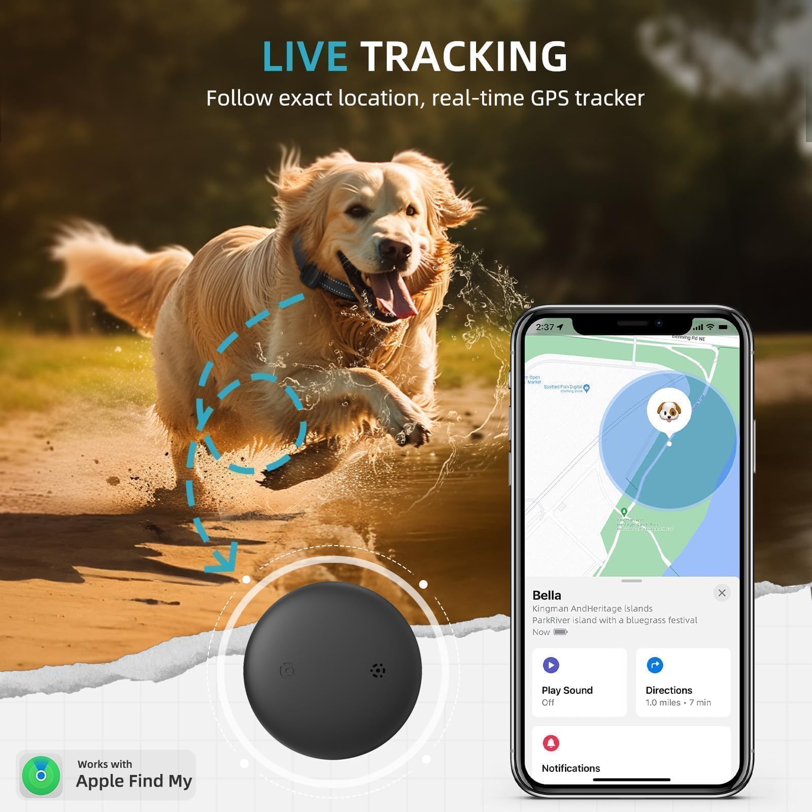 Smart Pet Tracker with Collar for Apple Find My Network – No Monthly Fee Bluetooth Location Tracker for Dogs & Cats (Black)