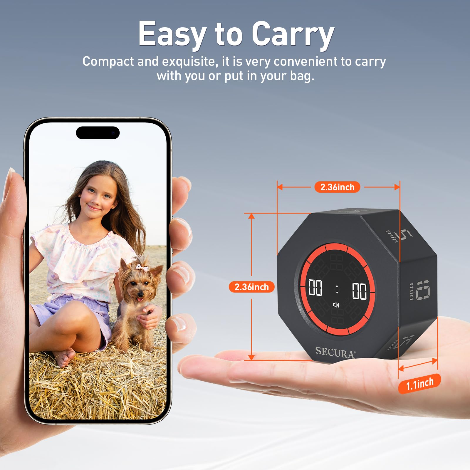 Secura Rotating Pomodoro Timer with Visual Progress Bar, Flip Countdown & Stopwatch, Rechargeable Desk Focus Timer with Adjustable Volume – Dark Gray