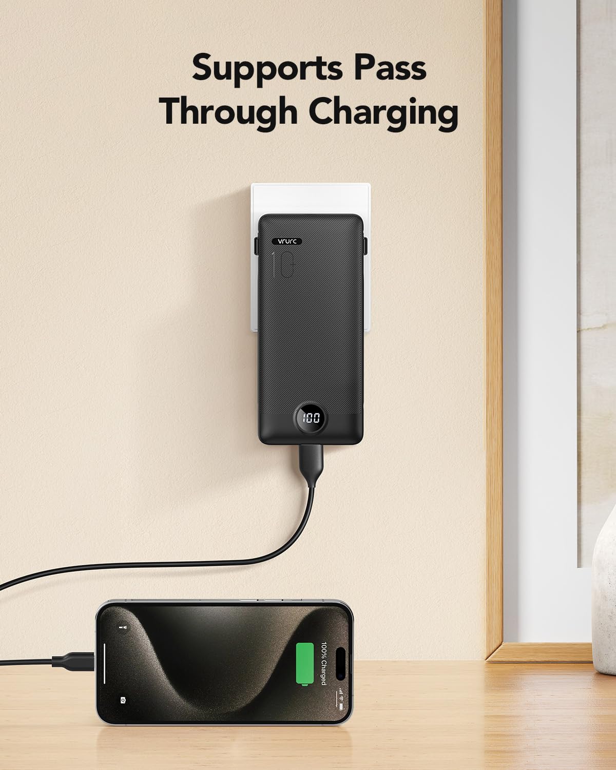 10000mAh Portable Charger Power Bank with Built-in Cables & AC Wall Plug, Slim Fast Charging Battery Pack for iPhone & Android – Black