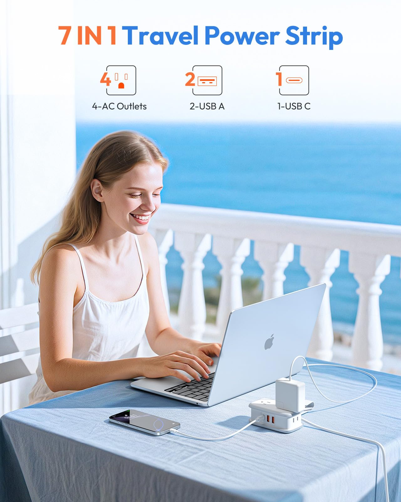 Compact Travel Power Strip with PD 20W USB-C Fast Charging – 7-Device Portable Charger with Flat Plug & Wrap Cord for Hotel, Cruise & Travel