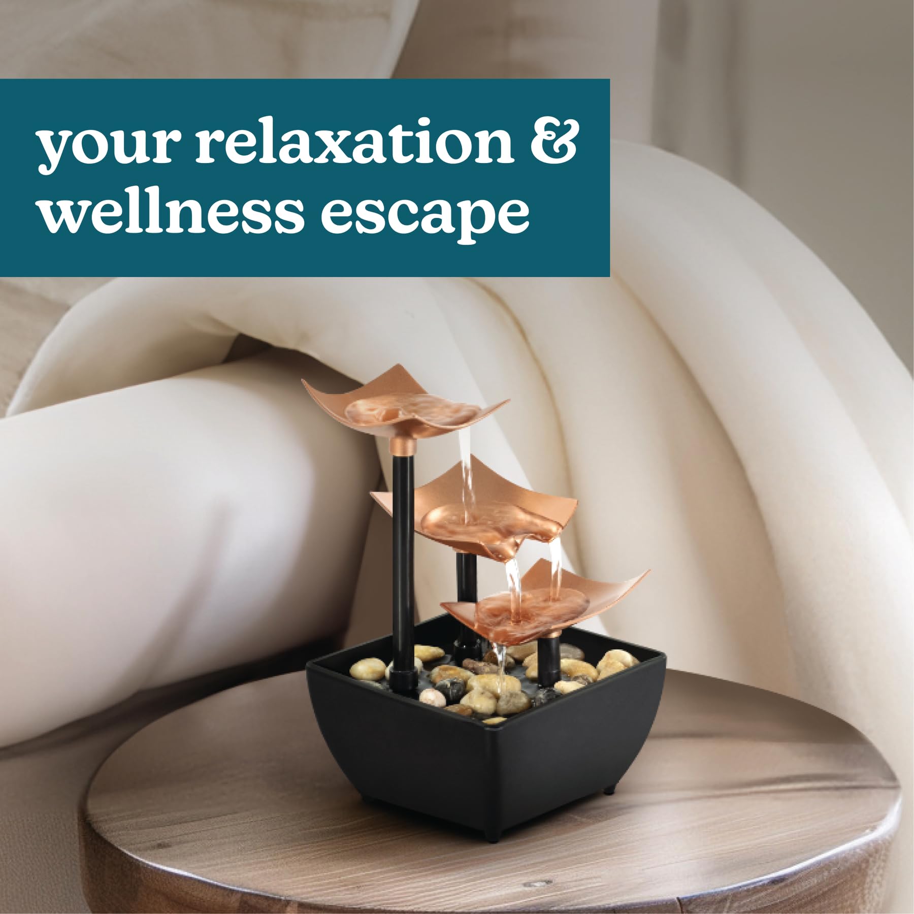 Golden 3-Tier Tabletop Water Fountain with Leaf Tiers & Ambient Lighting (Golden)