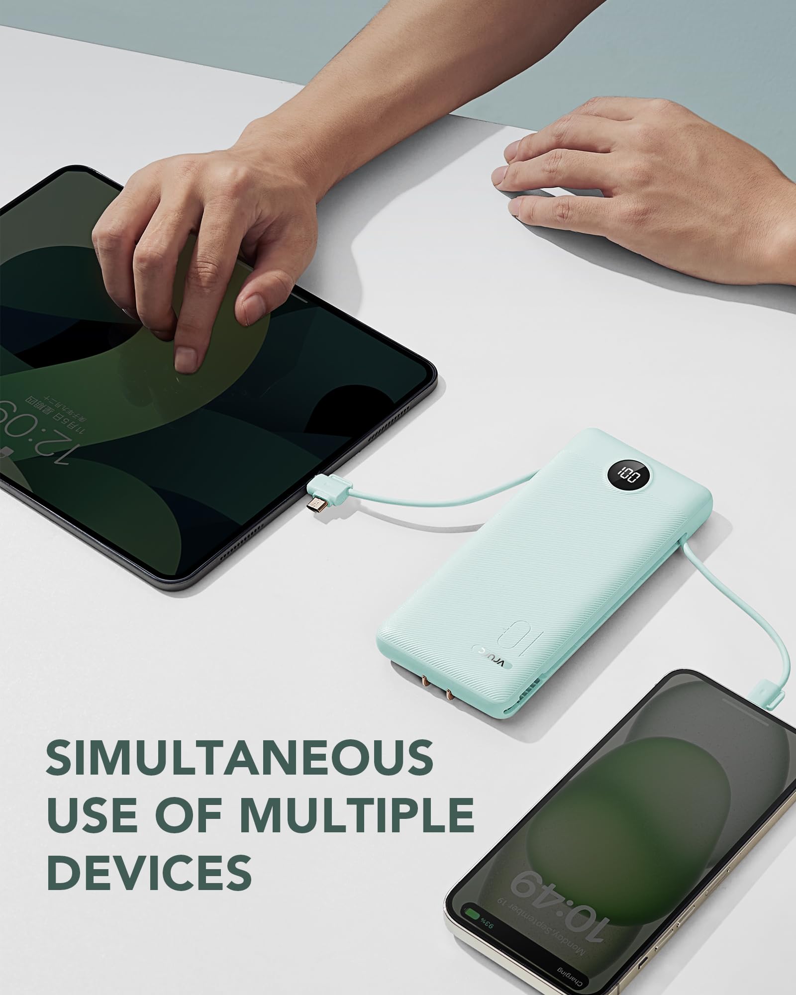 10000mAh Portable Power Bank with Built-in AC Wall Plug & Multi Cables – Ultra Lightweight Fast Charging Travel Battery Green