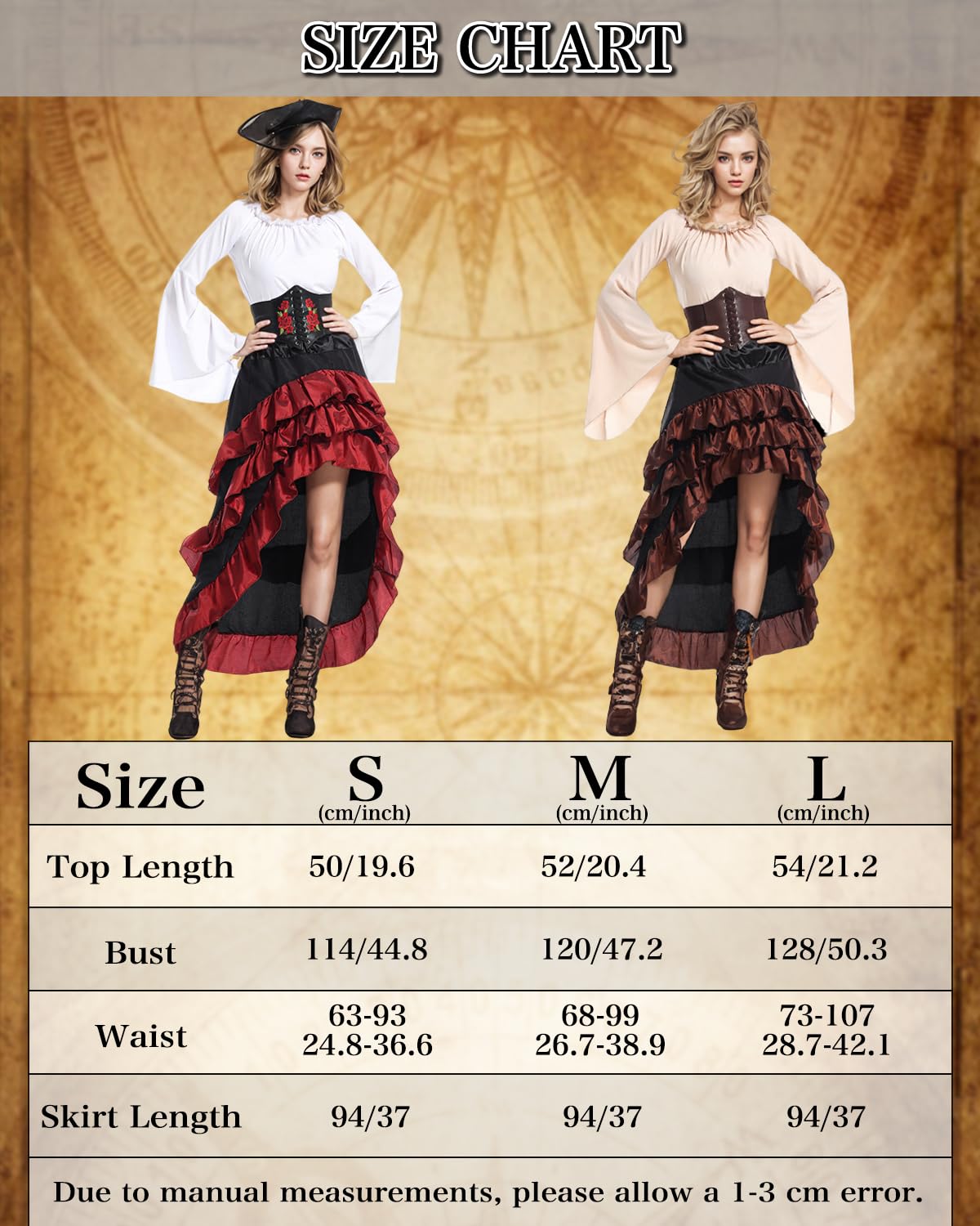 Women’s Renaissance Pirate Costume – White & Red 3-Piece Set with Off-Shoulder Blouse, High-Low Skirt & Corset Waist Belt