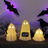 Ceramic Lighted Halloween Ghost Figurines – Set of 3 Cute White LED Ghosts with Signs “Boo”, “Spooky”, “Trick or Treat”