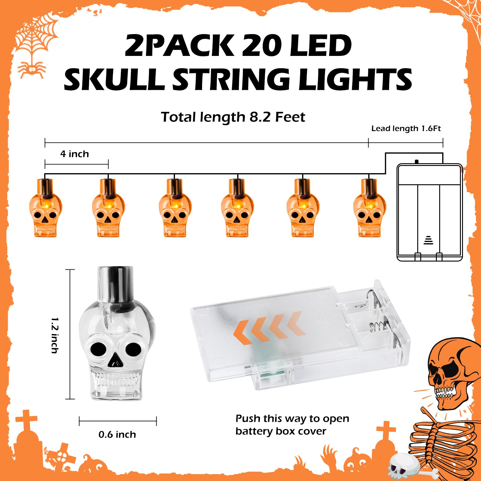 Halloween Pumpkin String Lights – 2 Pack 20 LED Battery Operated Lights (8.2 FT Each, 3 Modes, Orange Glow)