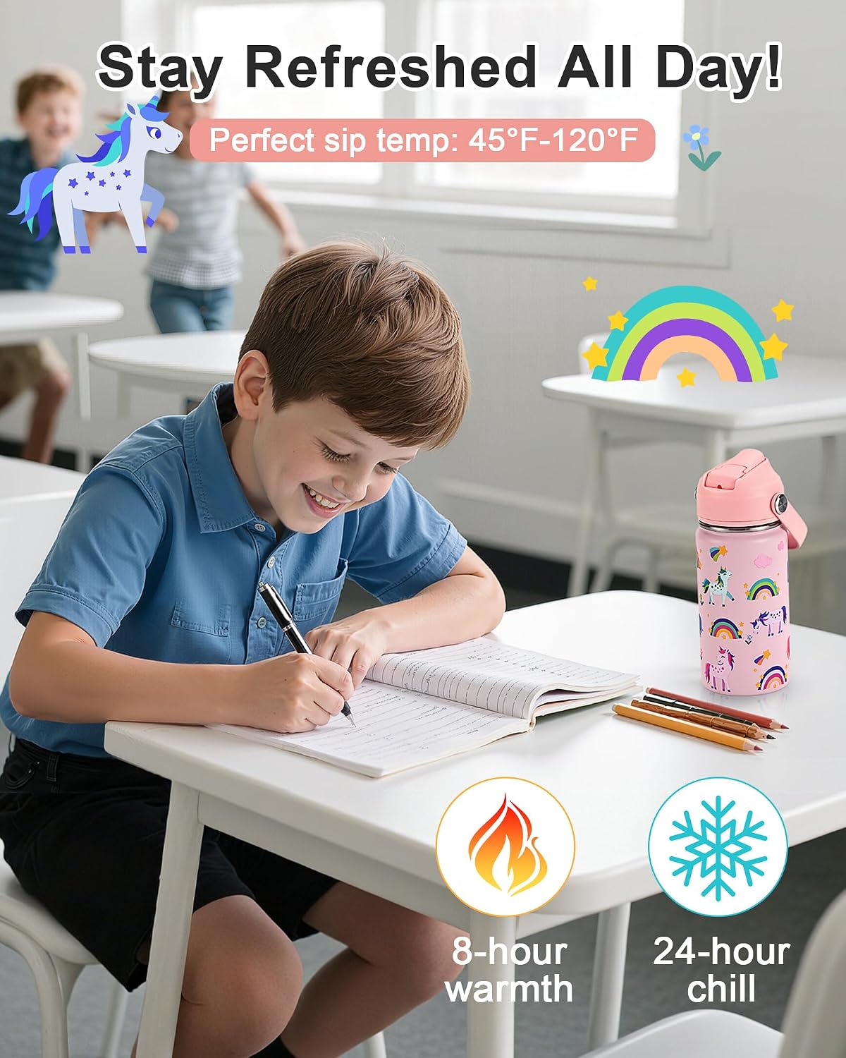 14 oz Kids Insulated Water Bottle with Silicone Straw – Leakproof Stainless Steel School Bottle