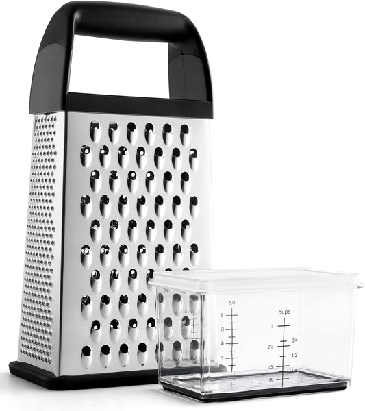 Heavy-Duty Stainless Steel Box Grater with Container – 4-Sided Sharp Blades & Non-Slip Base