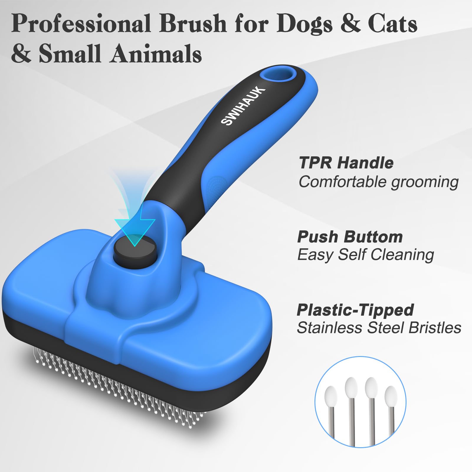 Swihauk Self-Cleaning Slicker Brush for Dogs & Cats – Gentle Deshedding Grooming Tool (Blue)