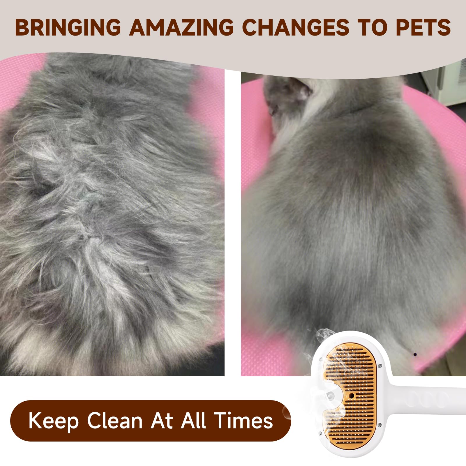 Ultrasonic Pet Grooming Spray Brush with Self-Cleaning Button, Mist Conditioning Function, and De-Shedding Massage for Cats and Dogs