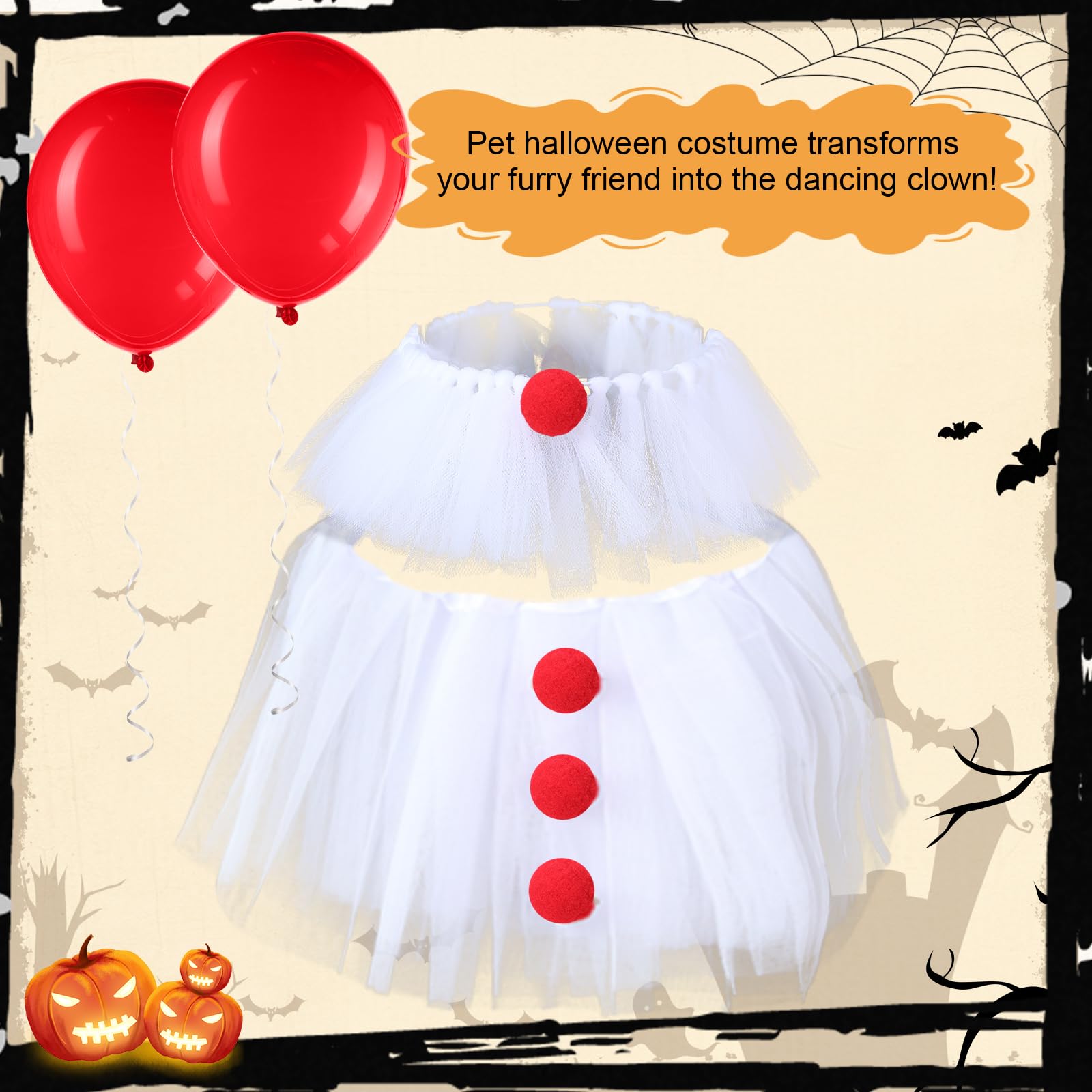 Dog Clown Halloween Costume – Red & White Pet Outfit with Neck Ruff, Skirt, Pompons, Balloons & Adjustable Straps
