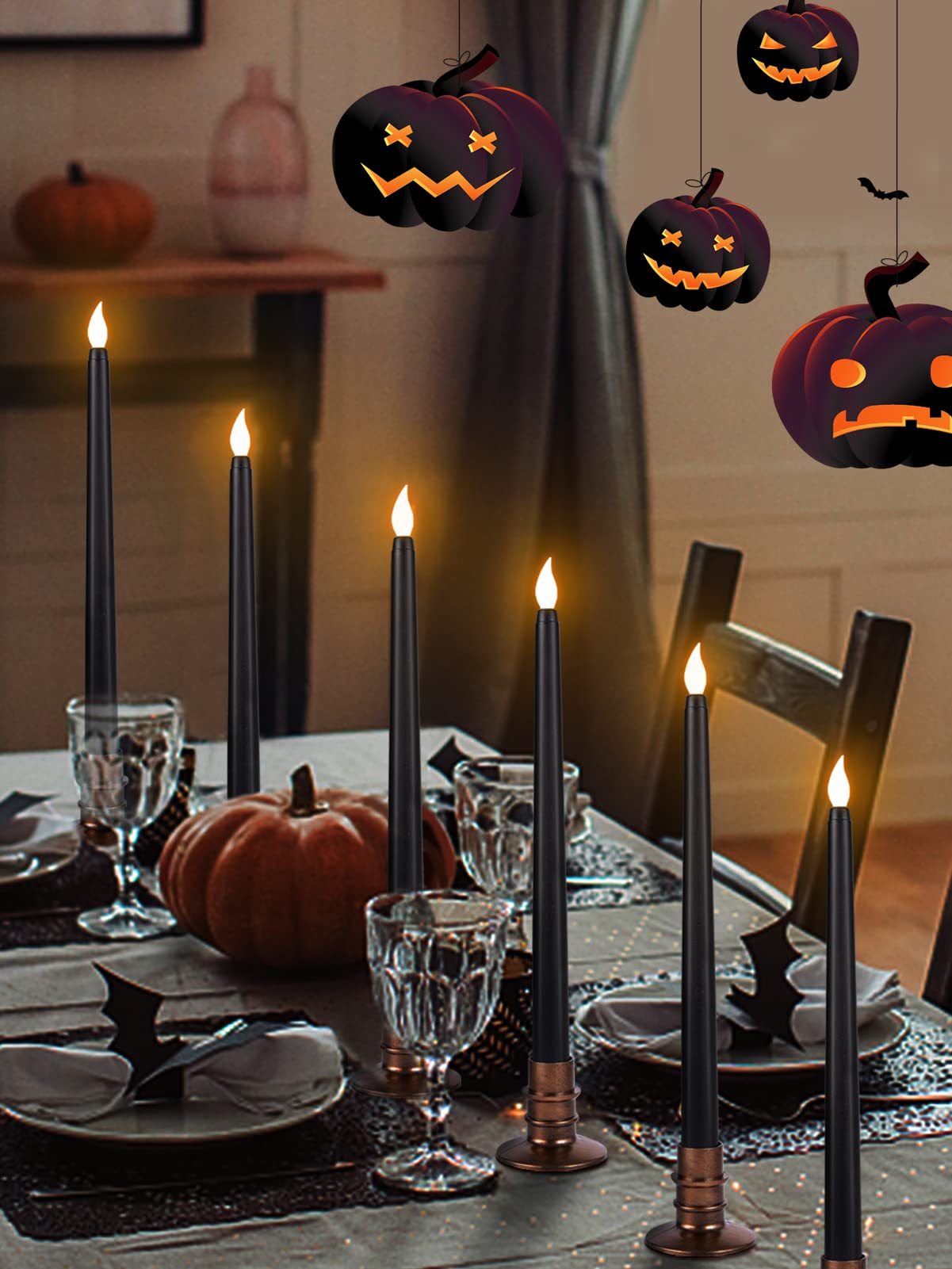 6 Pcs Black LED Halloween Candles with Holders – Flickering Flameless Tapered Candles for Spooky Decor
