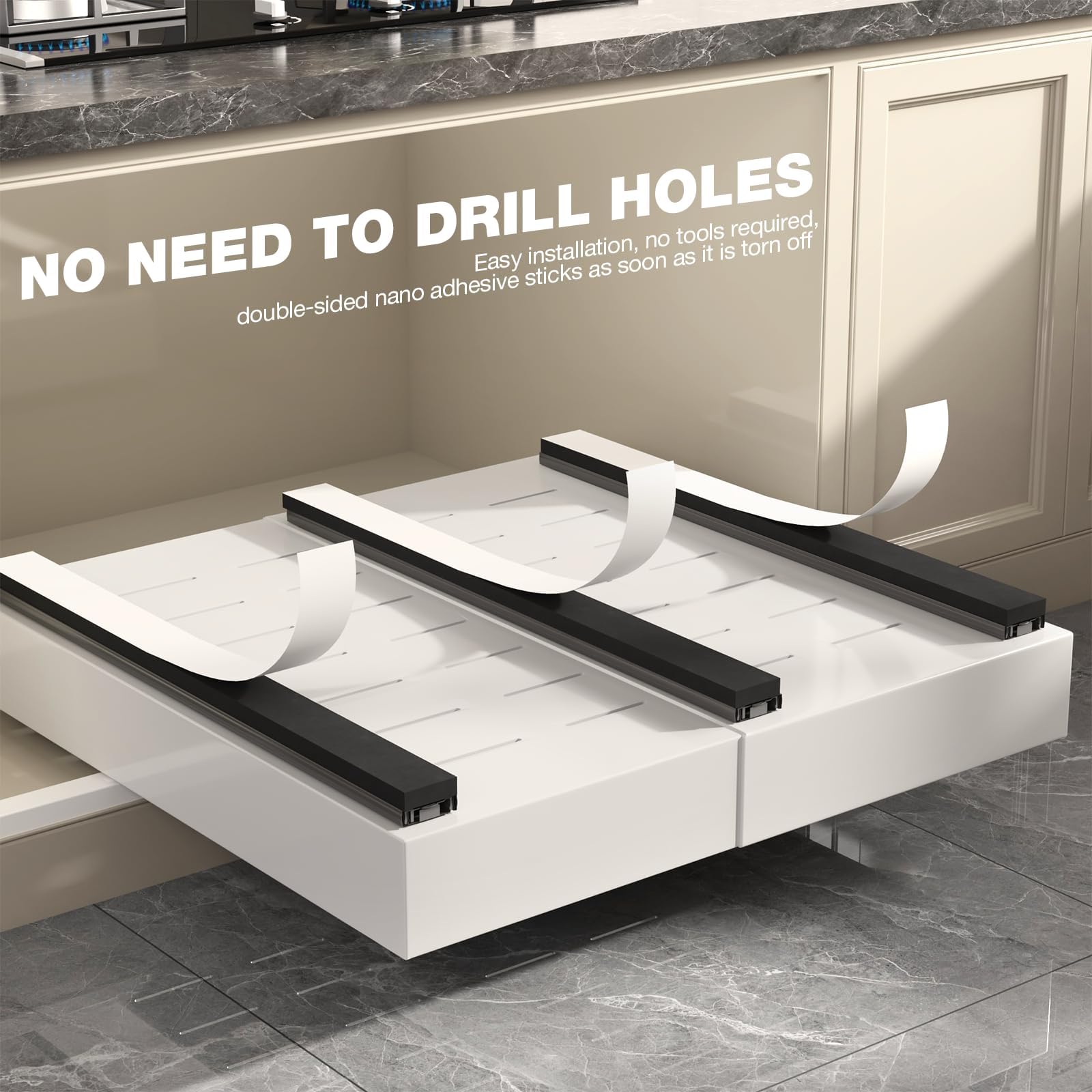 Full-Extension Pull-Out Cabinet Organizer – 22” Deep Adjustable Slide-Out Drawer with 3 Rails (White, 2-Pack)