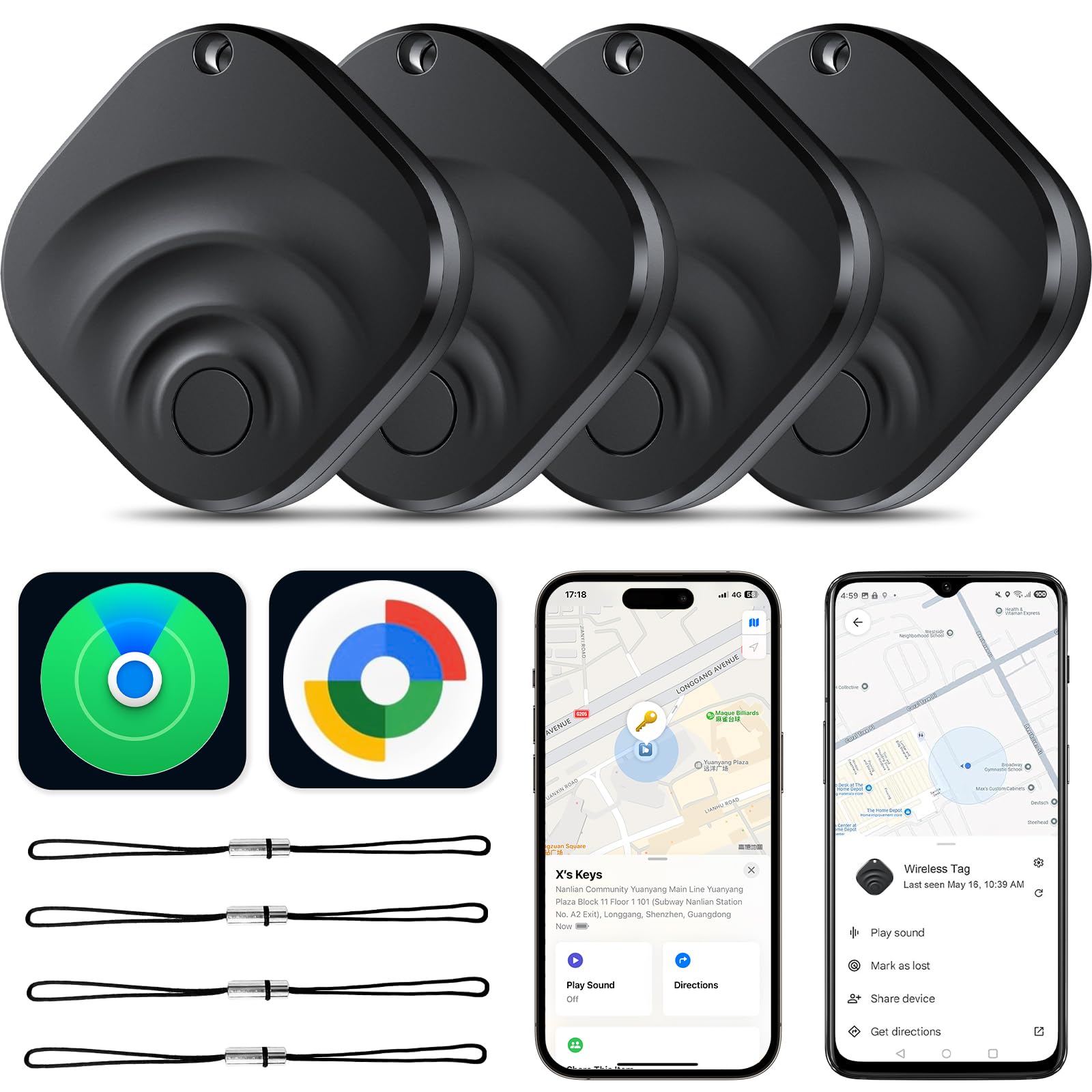 Dual-System Smart Tracker Tag 4 Pack, Apple Find My & Google Find Hub Compatible Bluetooth Tracker, Anti-Loss Item Locator with Loud Alert and Privacy Protection