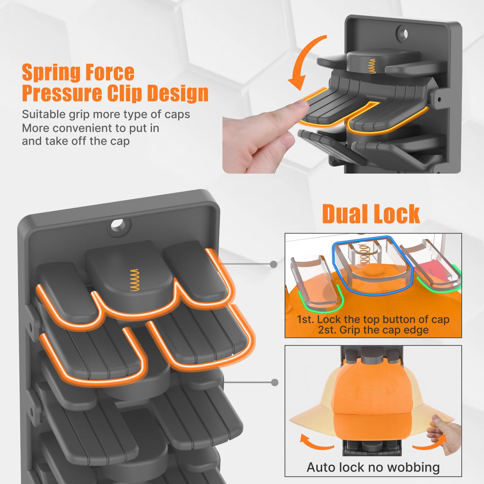 Wall-Mount Hat Organizer for Baseball Caps (2-Pack) – Spring-Clip Cap Rack with Adhesive or Screw Install, Matte Black