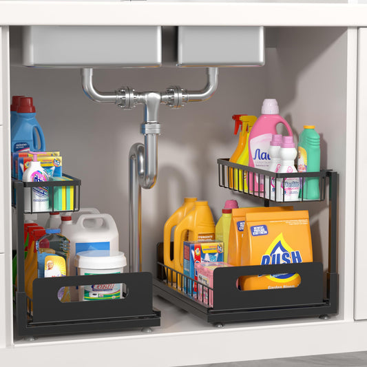 Meratia 2-Pack Under-Sink Pull-Out Cabinet Organizer – L-Shaped Metal Storage Rack with Sliding Drawers