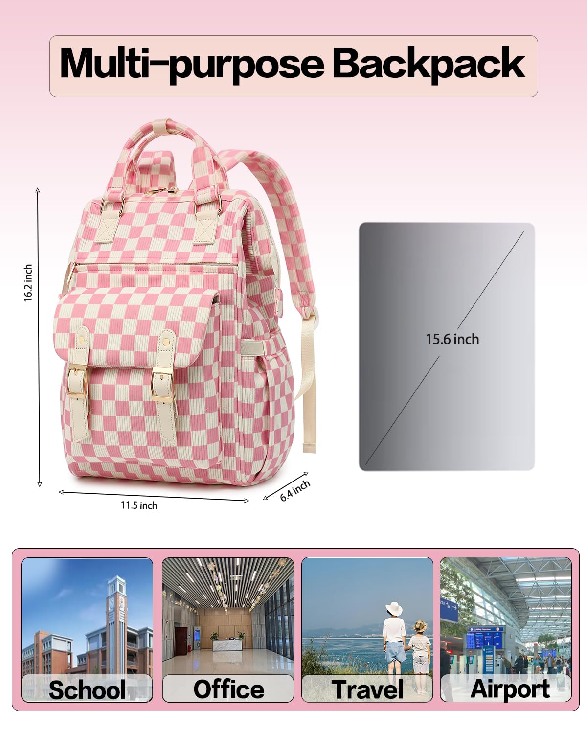 LRENAGAO Corduroy Laptop Backpack for Women & Girls – 15.6” Lightweight School & Travel Daypack – Checkered Pink