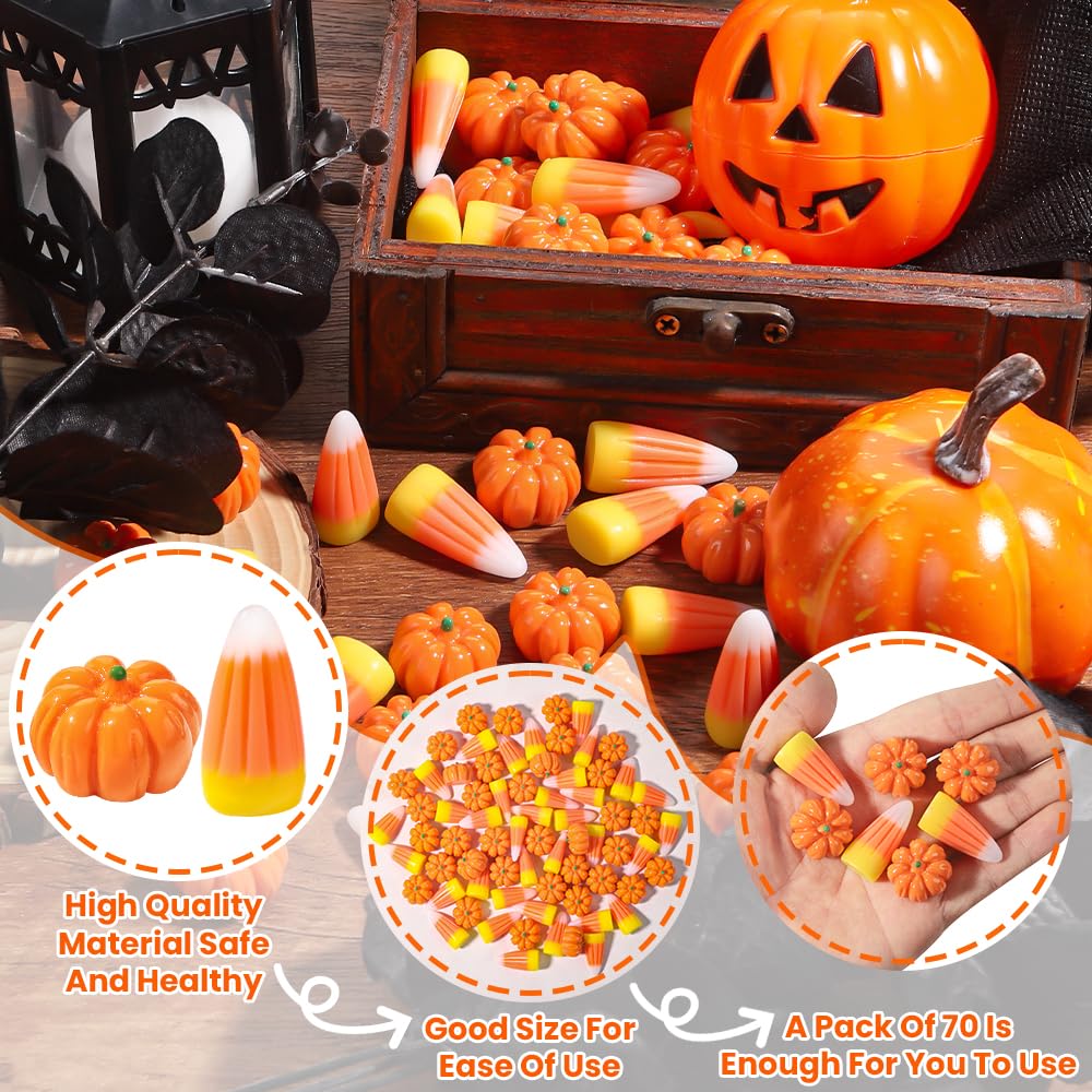 70 Pcs Mini Resin Pumpkins & Candy Corn Set – Halloween & Fall Decorations (Durable Autumn Home Décor, DIY Craft Props)