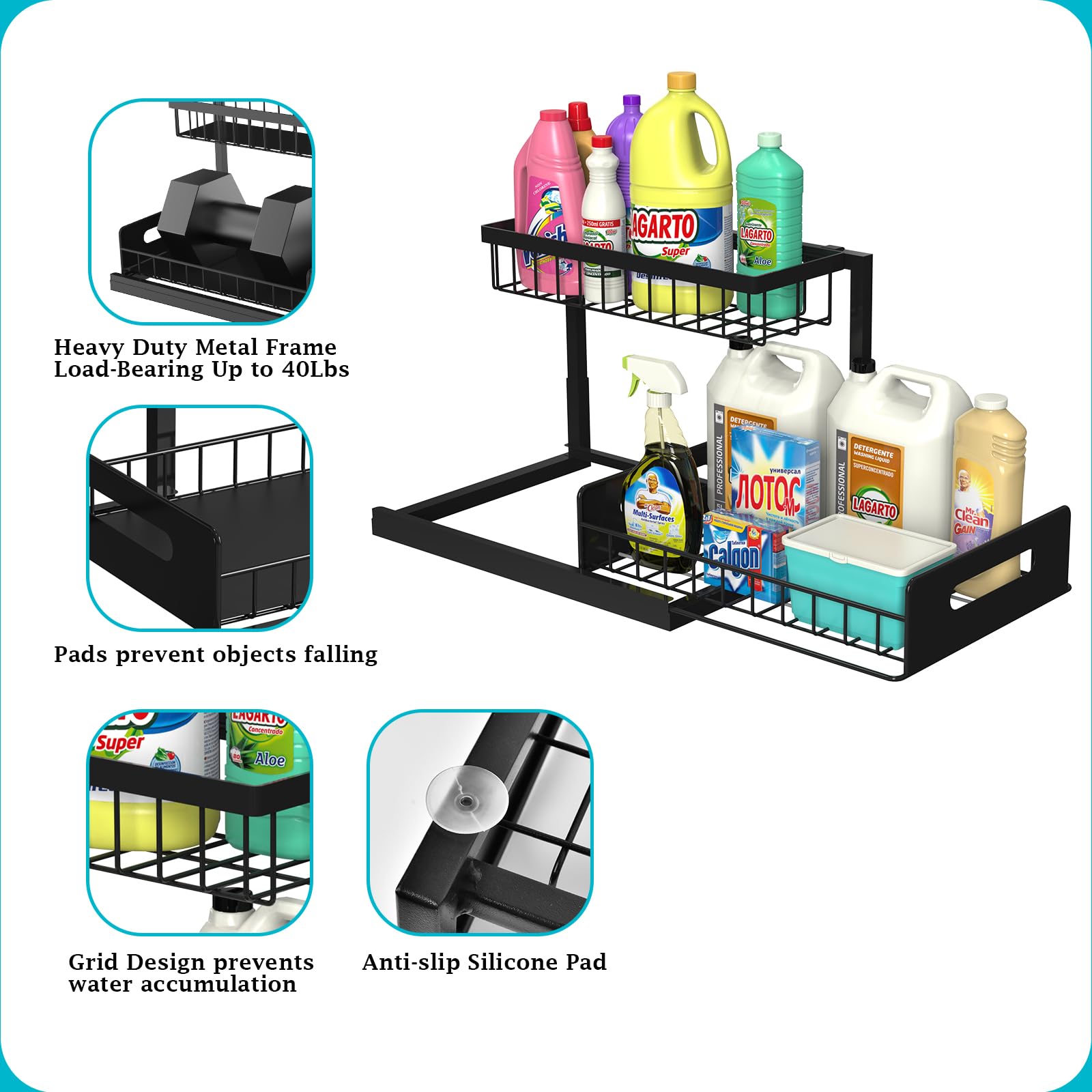 REALINN Under Sink Pull-Out Organizer – Sliding L-Shaped Cabinet Storage Shelf for Kitchen & Bathroom (Black, 2-Pack)