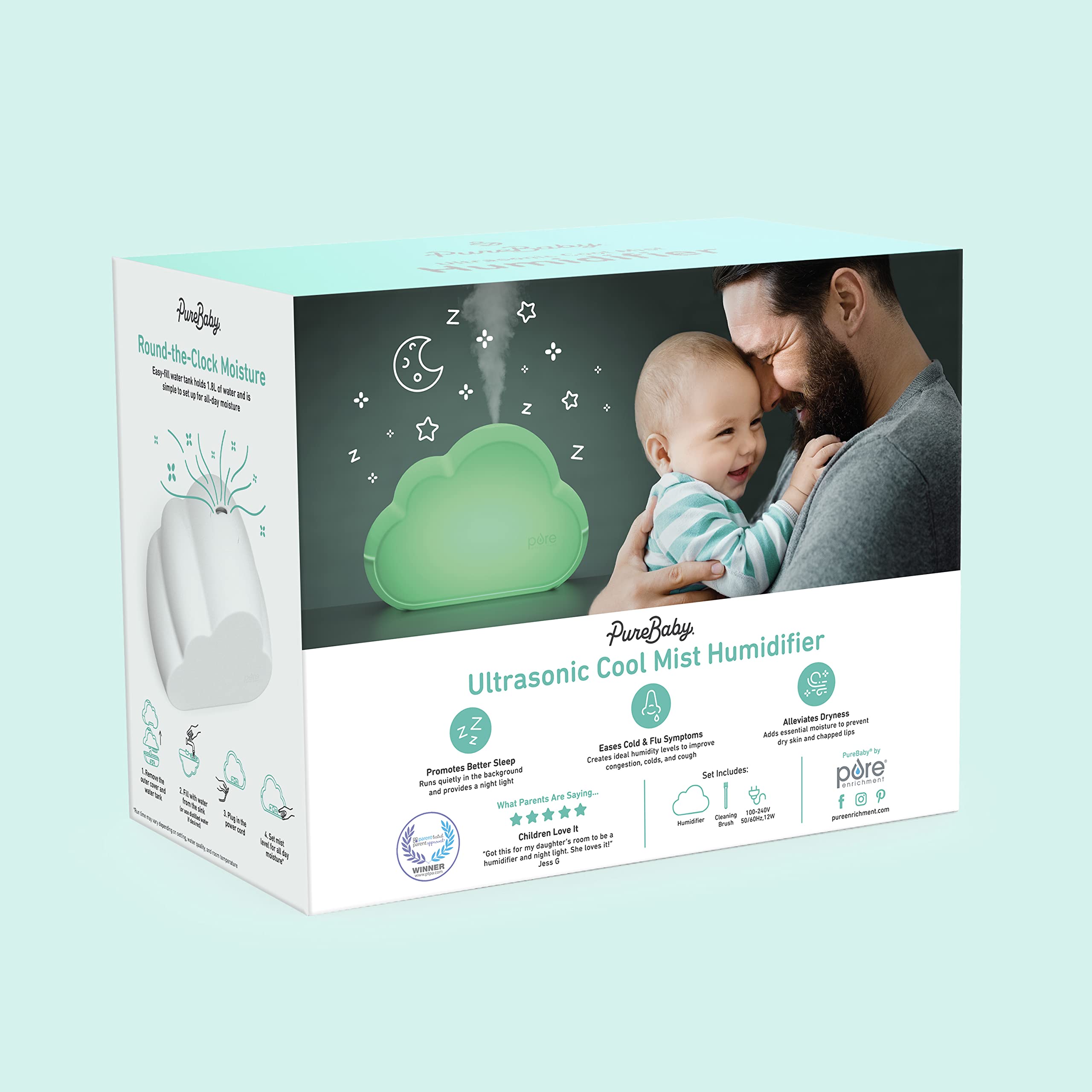 PureBaby Cloud Cool Mist Humidifier with Night Light – 1.8L Ultrasonic Nursery Humidifier for Baby Room (24-Hour Moisture)