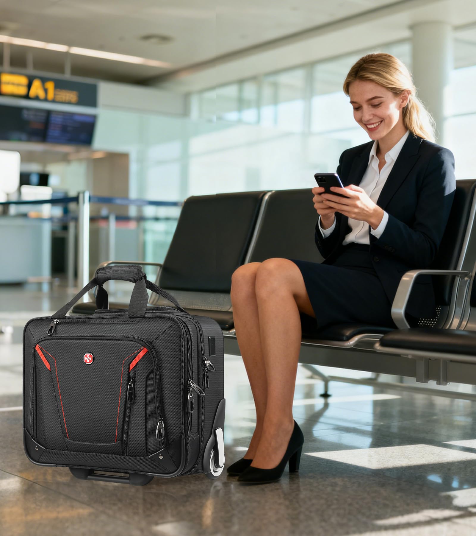Star Cloud Rigid Frame Rolling Laptop Bag with Wheels, TSA-Friendly Underseat Carry-On Business Briefcase (Black)
