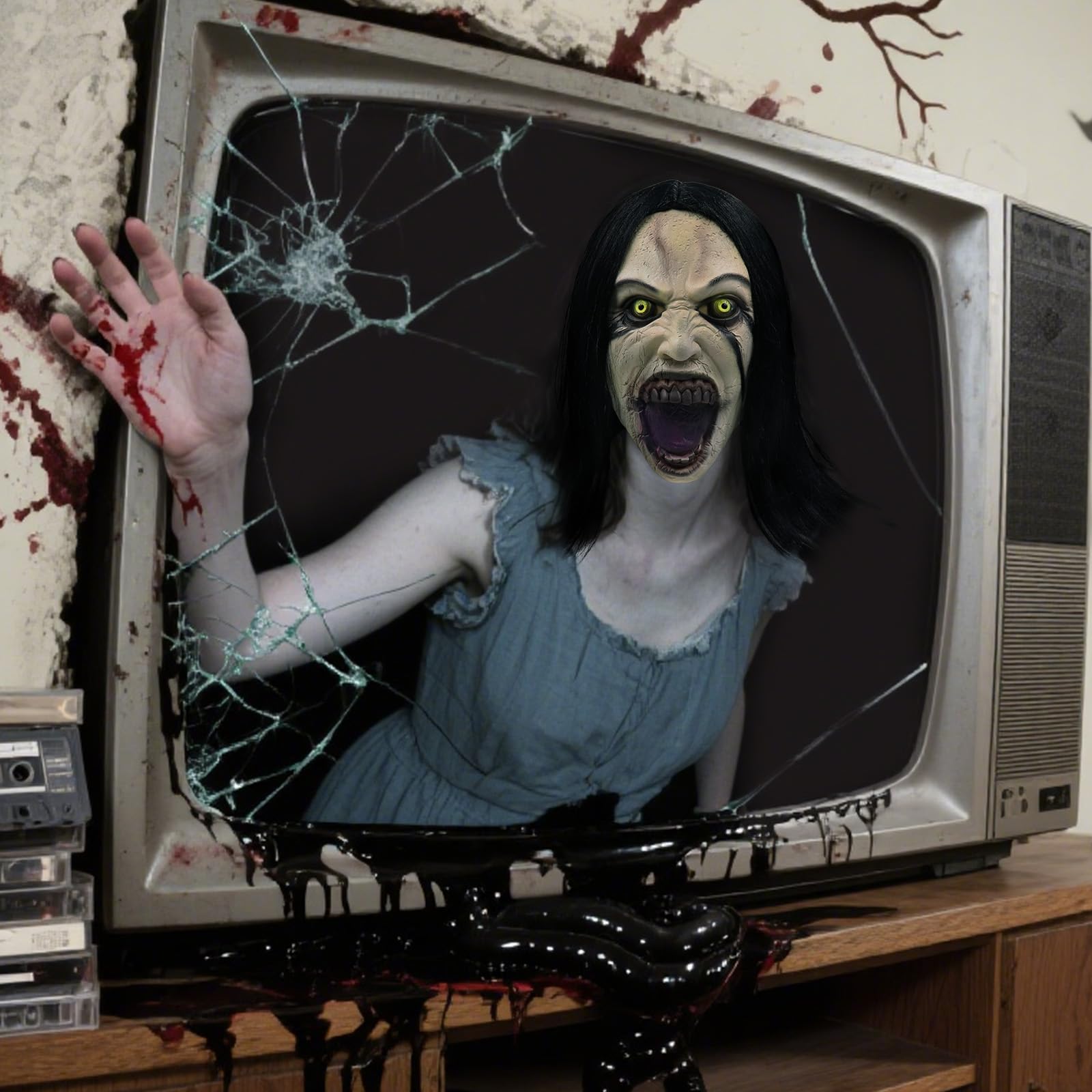 Crying Woman’s Cursed Latex Mask – Scary Full-Head Ghost Mask with Realistic Hair for Halloween 👻💀🕯️