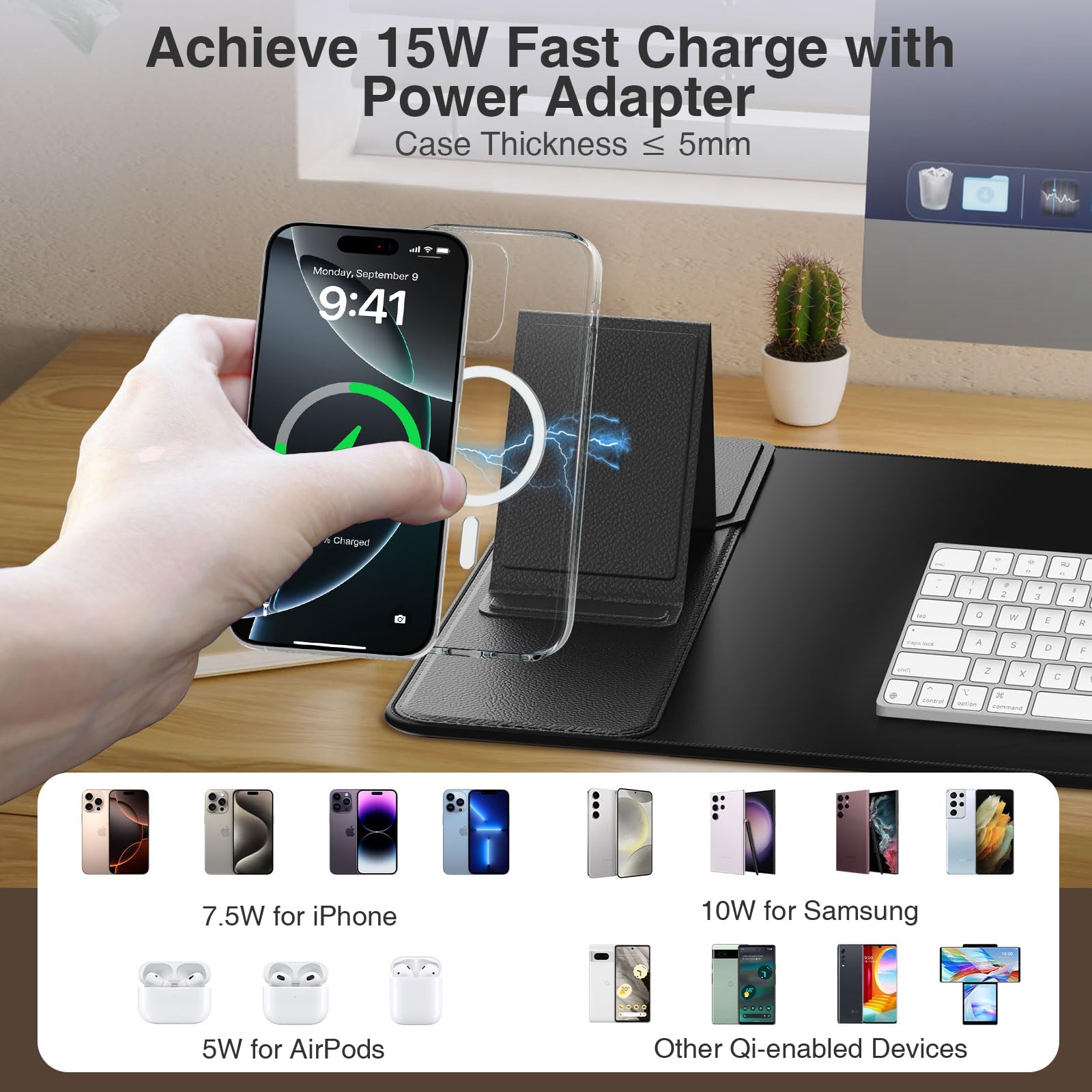 Wireless Charging Mouse Pad 31.5×15.8 Large Desk Mat with 15W Fast Qi Charging Foldable Phone Holder Waterproof Gaming & Office Desk Pad – Black