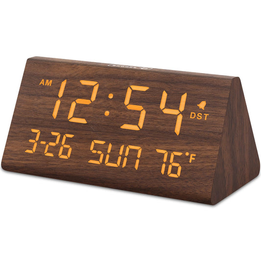 DreamSky Wooden Digital Alarm Clock with Large Display, Date & Temperature – USB Charging Bedside Desk Clock Brown