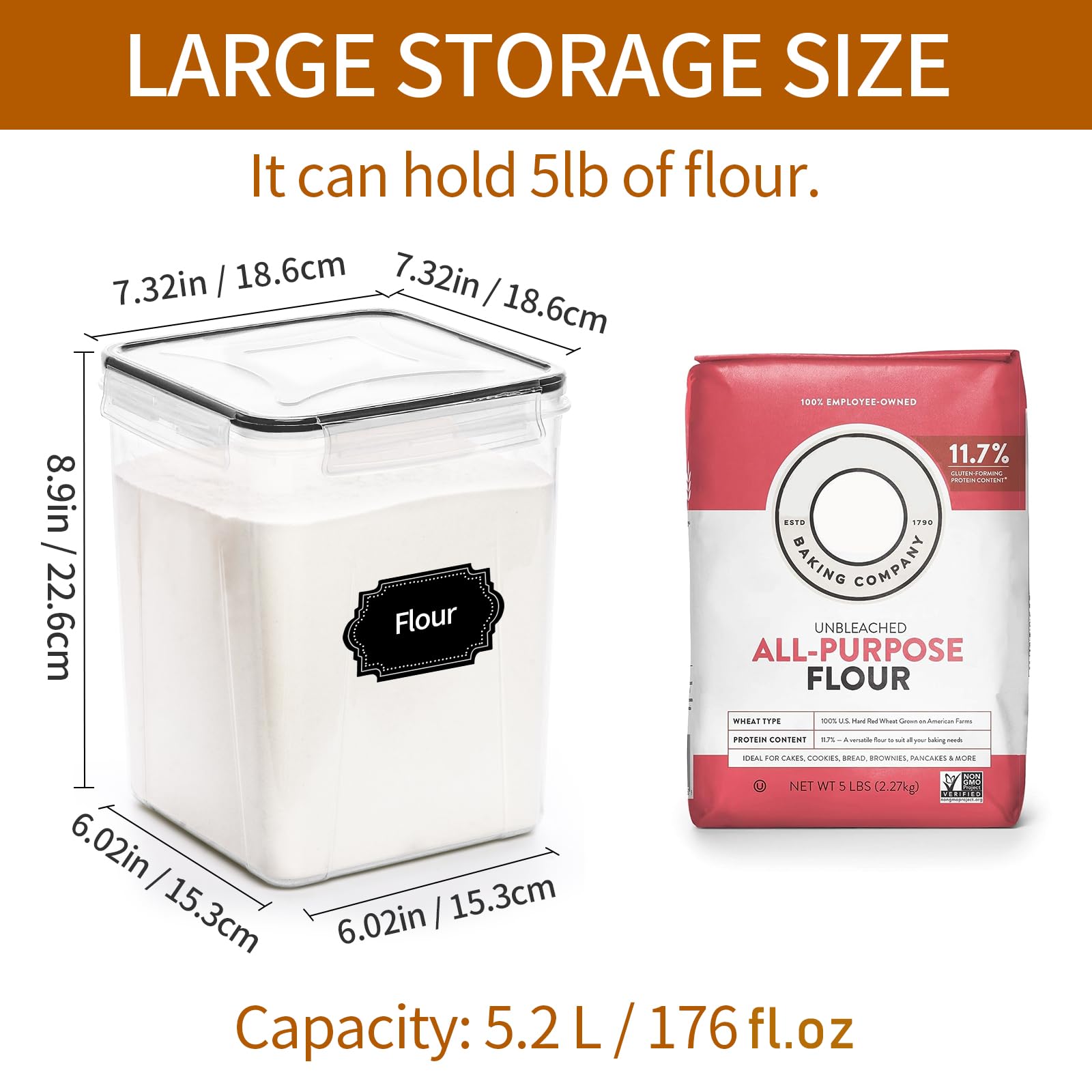 Large Airtight Pantry Storage Containers – 4-Piece 5.2L Cereal & Flour Container Set with Labels (Black)