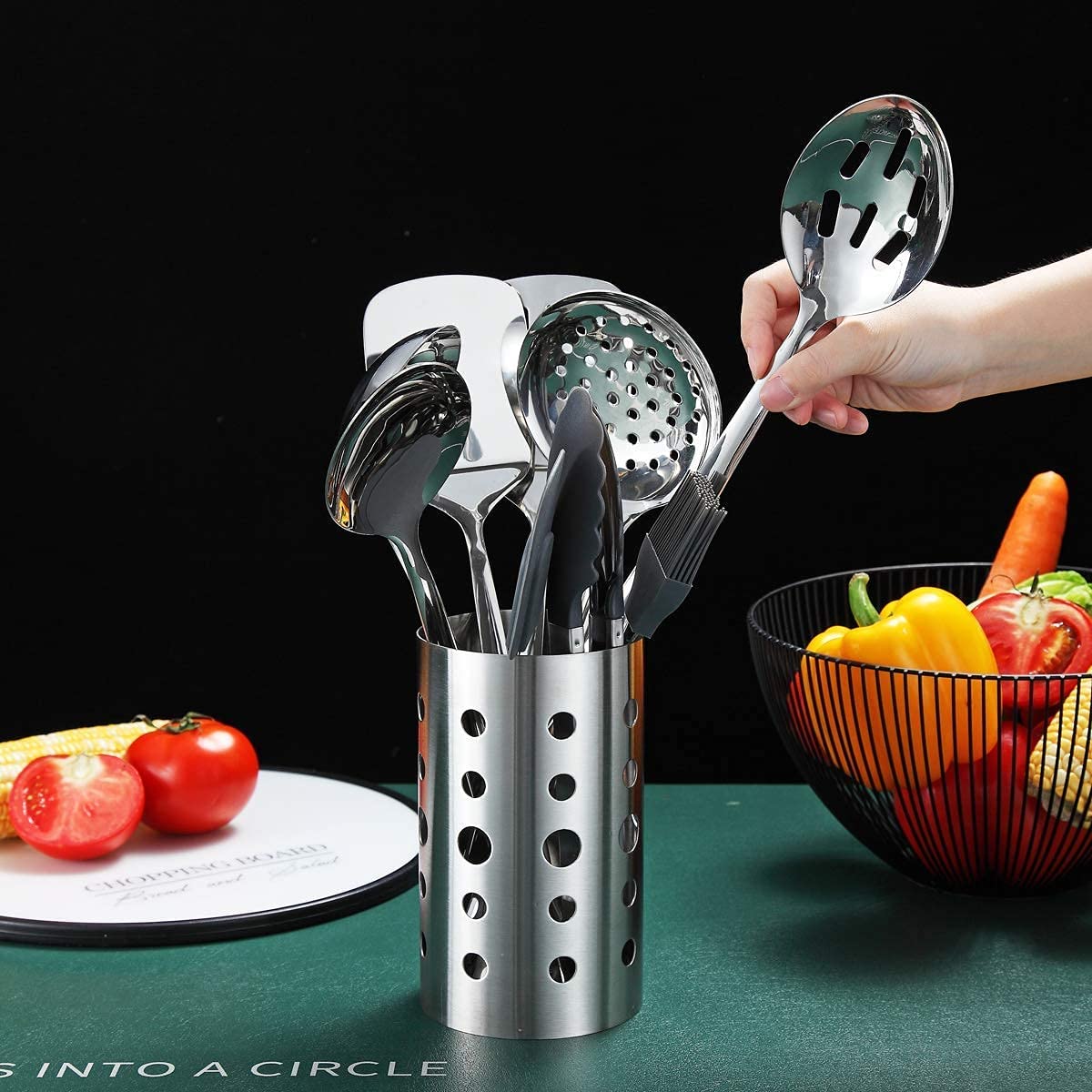 13-Piece Stainless Steel Kitchen Utensil Set with Mirror Finish & Holder – Silver