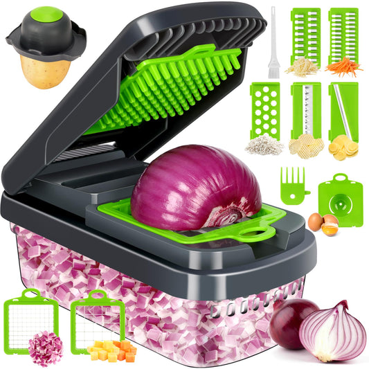12-in-1 Vegetable Chopper & Slicer – Multi-Function Food Dicer with Container, Safety Guard & Cleaning Brush