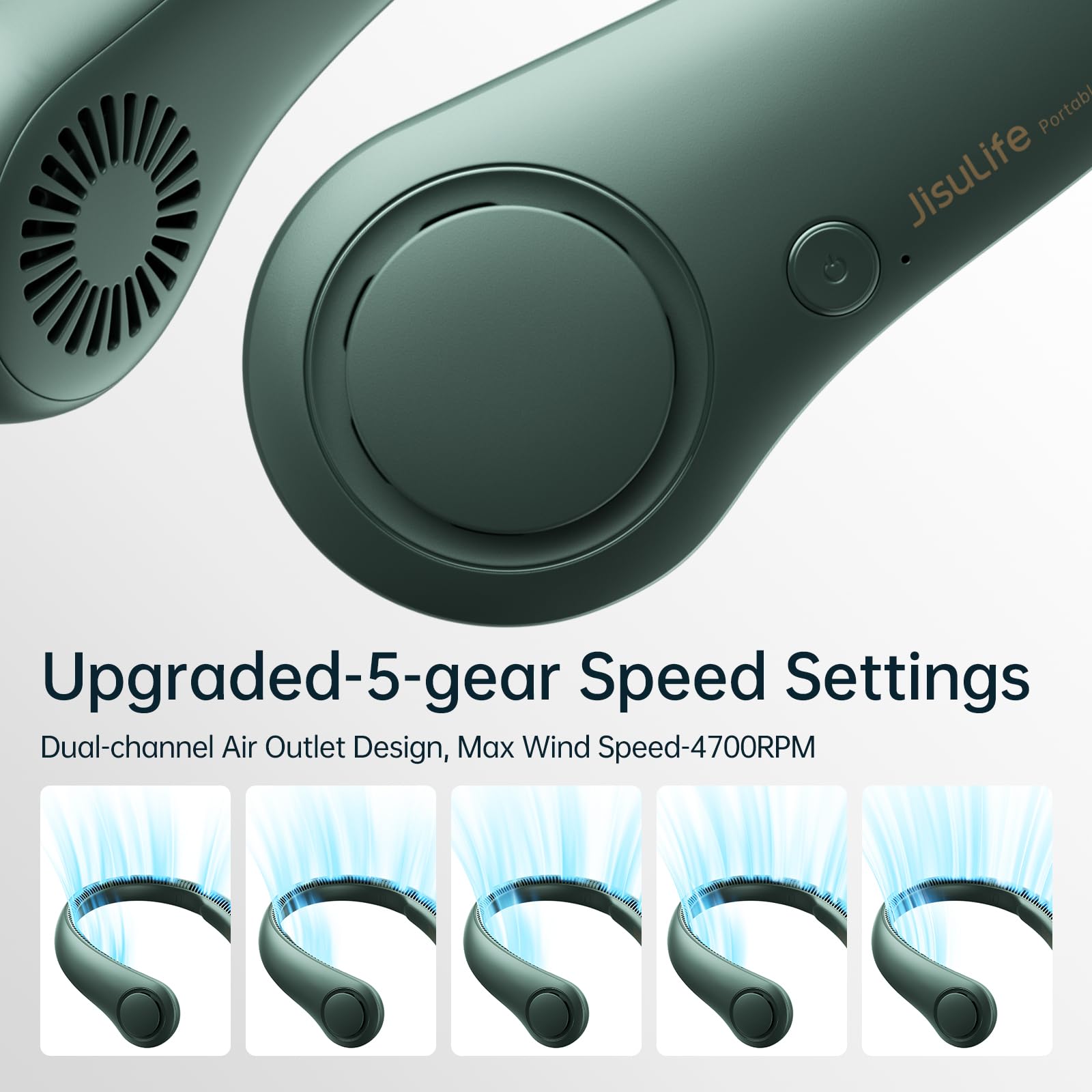 JISULIFE Hands-Free Bladeless Neck Fan – Quiet Wearable Cooling with 5 Speeds & 4000mAh Battery (Dark Green)