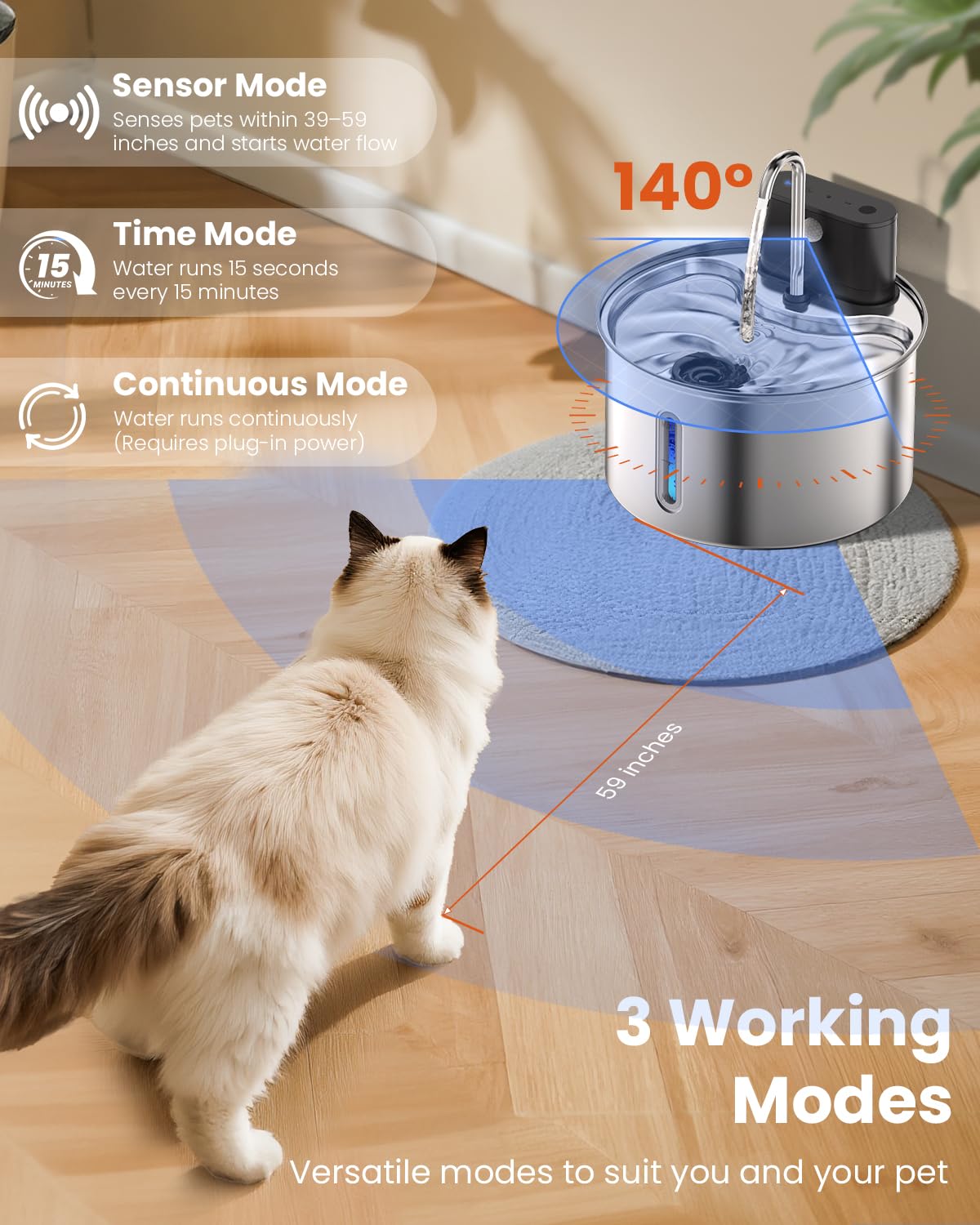 3L Stainless Steel Wireless Cat Water Fountain – 4000mAh Rechargeable with 3 Flow Modes & 5-Layer Filtration