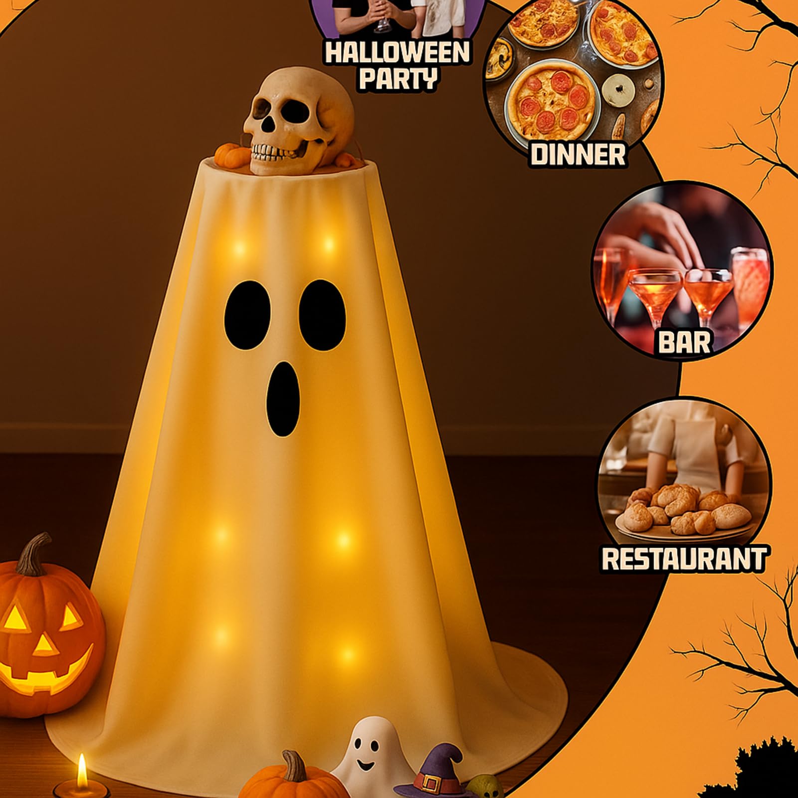 Light-Up Ghost Candy Bowl Decoration with LED String Lights – 63” Halloween Table Cover Set (White & Black)