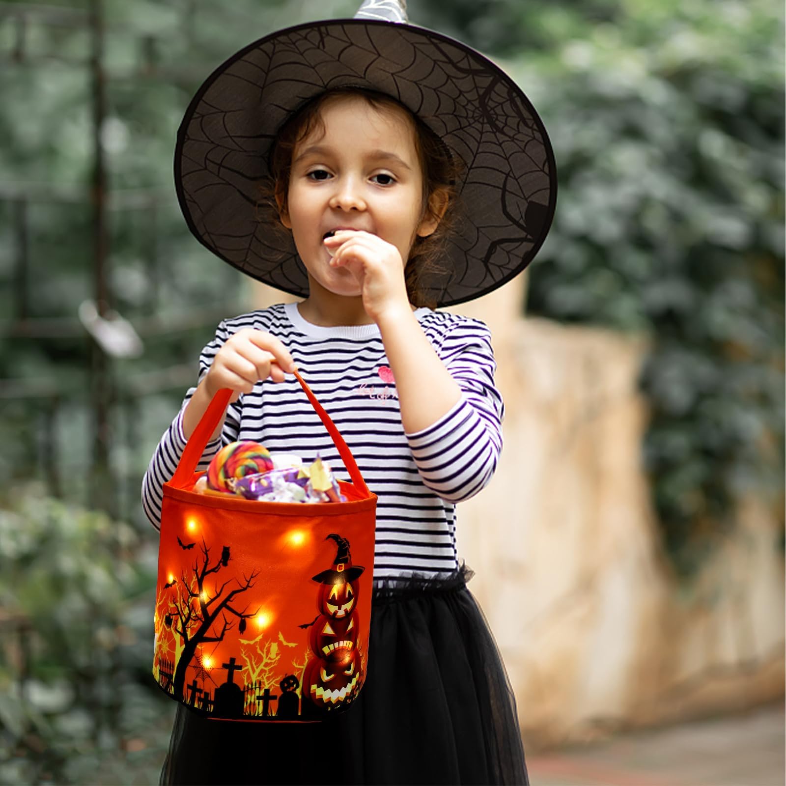LED Light-Up Halloween Trick or Treat Bag – Pumpkin Design, Large Candy Bucket (Orange, 9x9 in)